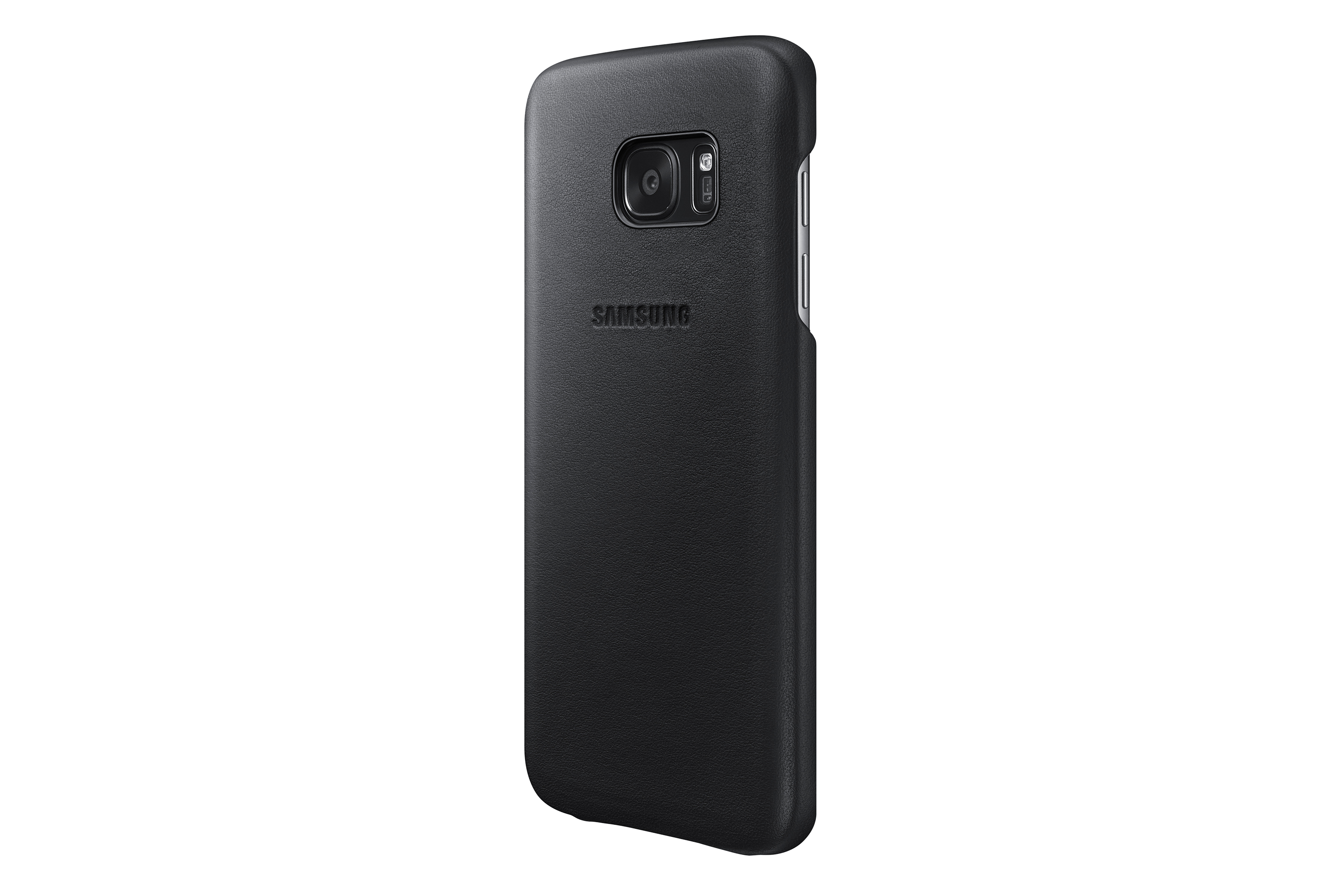 Una custodia nera per telefono Samsung viene visualizzata su uno sfondo bianco.