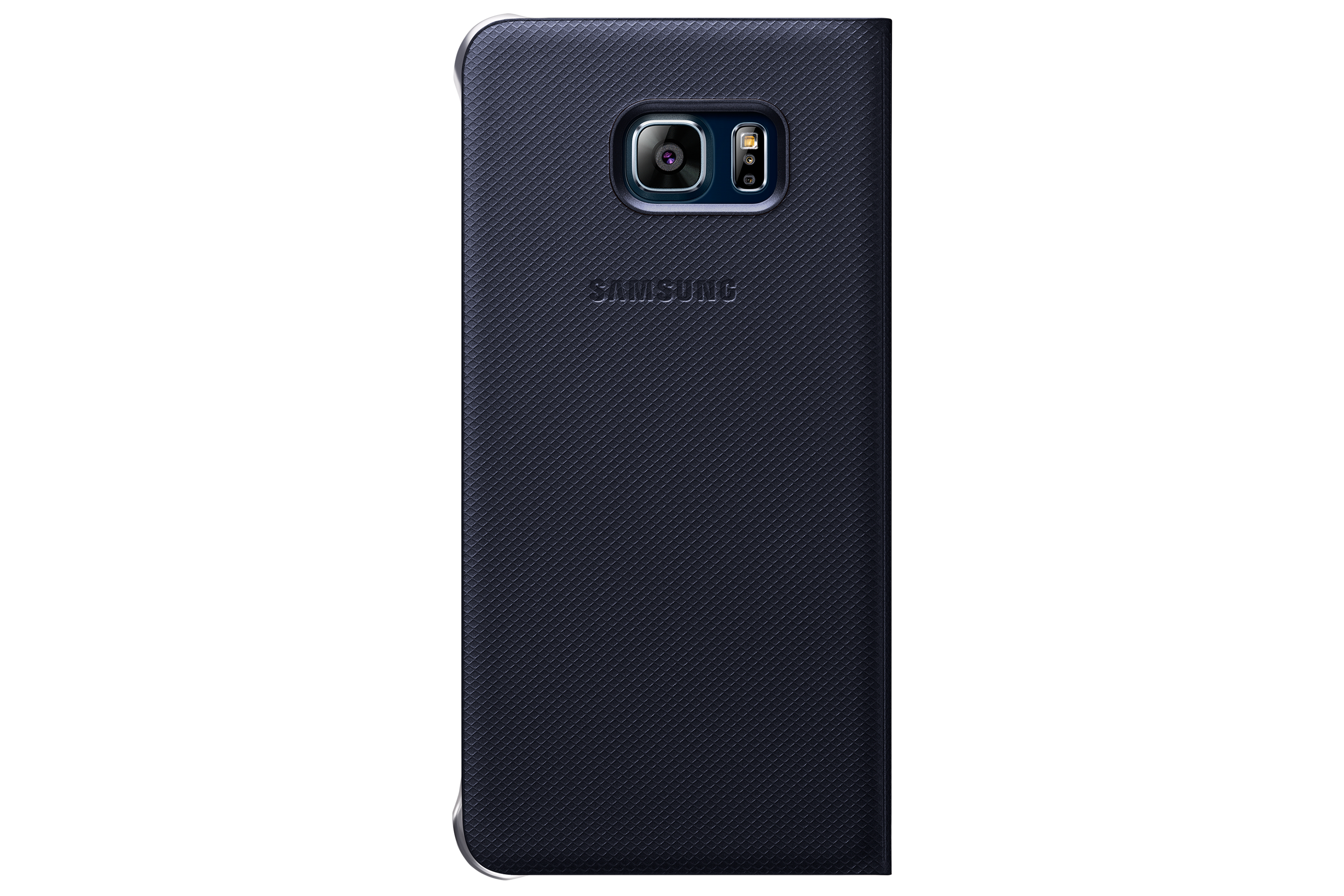 Custodia per telefono Samsung testurizzata blu navy, che mostra l'obiettivo della fotocamera e il logo Samsung.