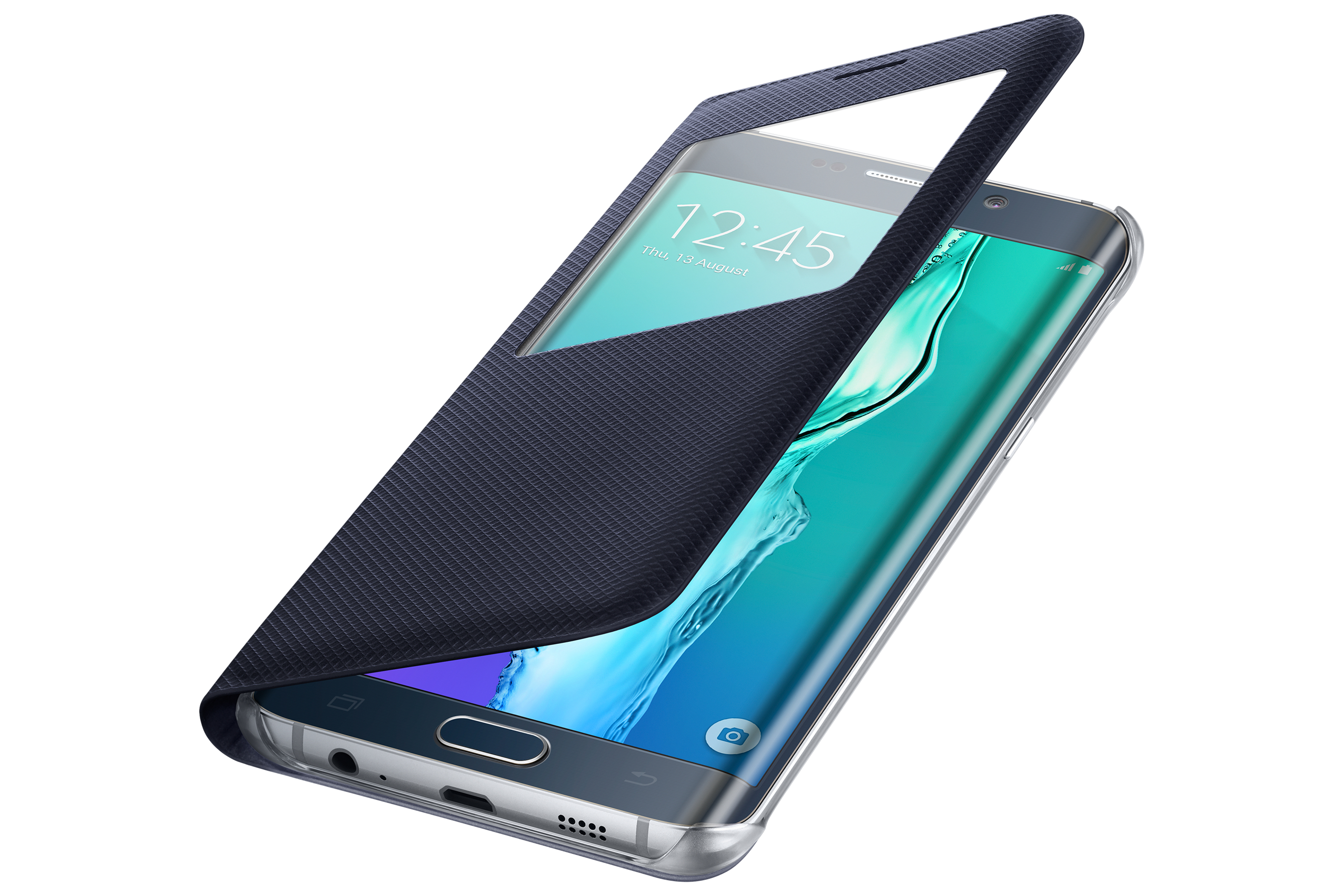 Telefono Samsung in una custodia a libro testurizzata blu che mostra l'ora 12:45 e le icone delle app.