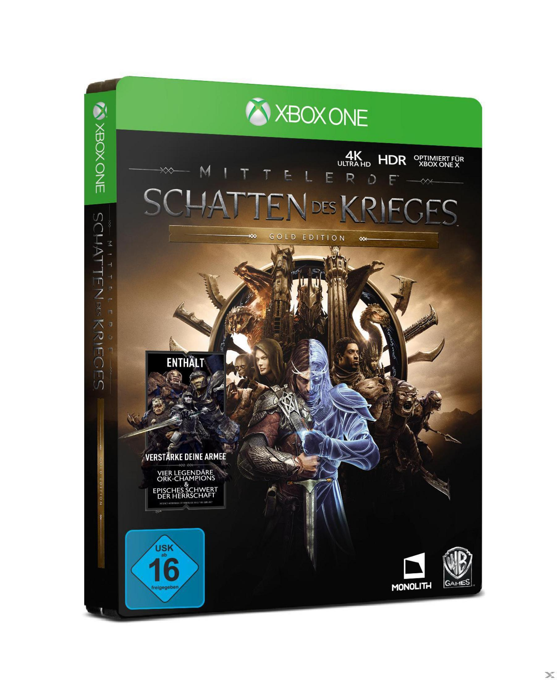 Spielbox für 'Mittelerde: Schatten des Krieges' in 3/4-Ansicht, mit Artwork und 'Gold Edition'-Label.