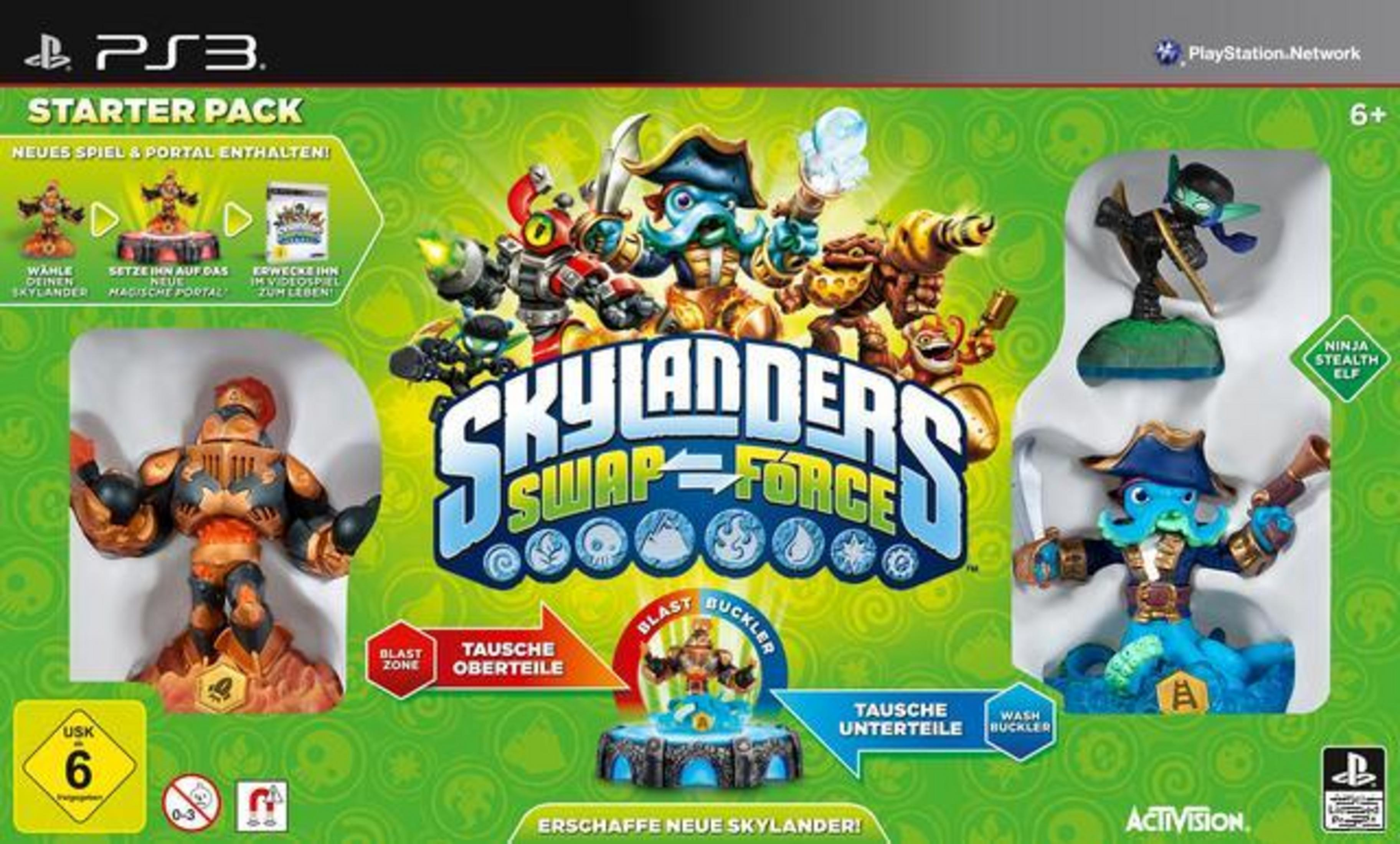 Box von Skylanders Swap Force Spiel. Enthält Charakterfiguren und Spieldetails auf grünem Hintergrund.