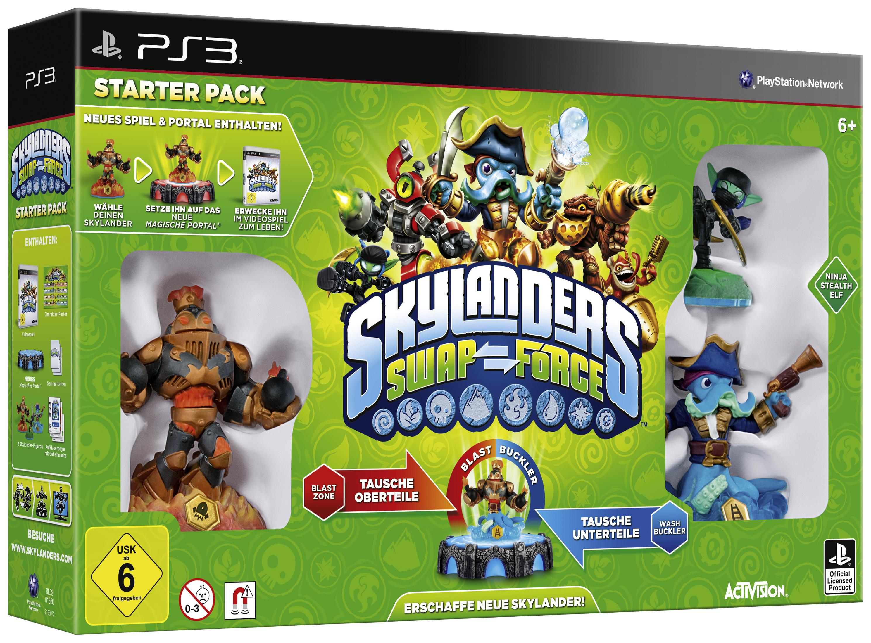 Box von Skylanders Swap Force Spiel. Enthält Charakterfiguren und Spieldetails auf grünem Hintergrund.