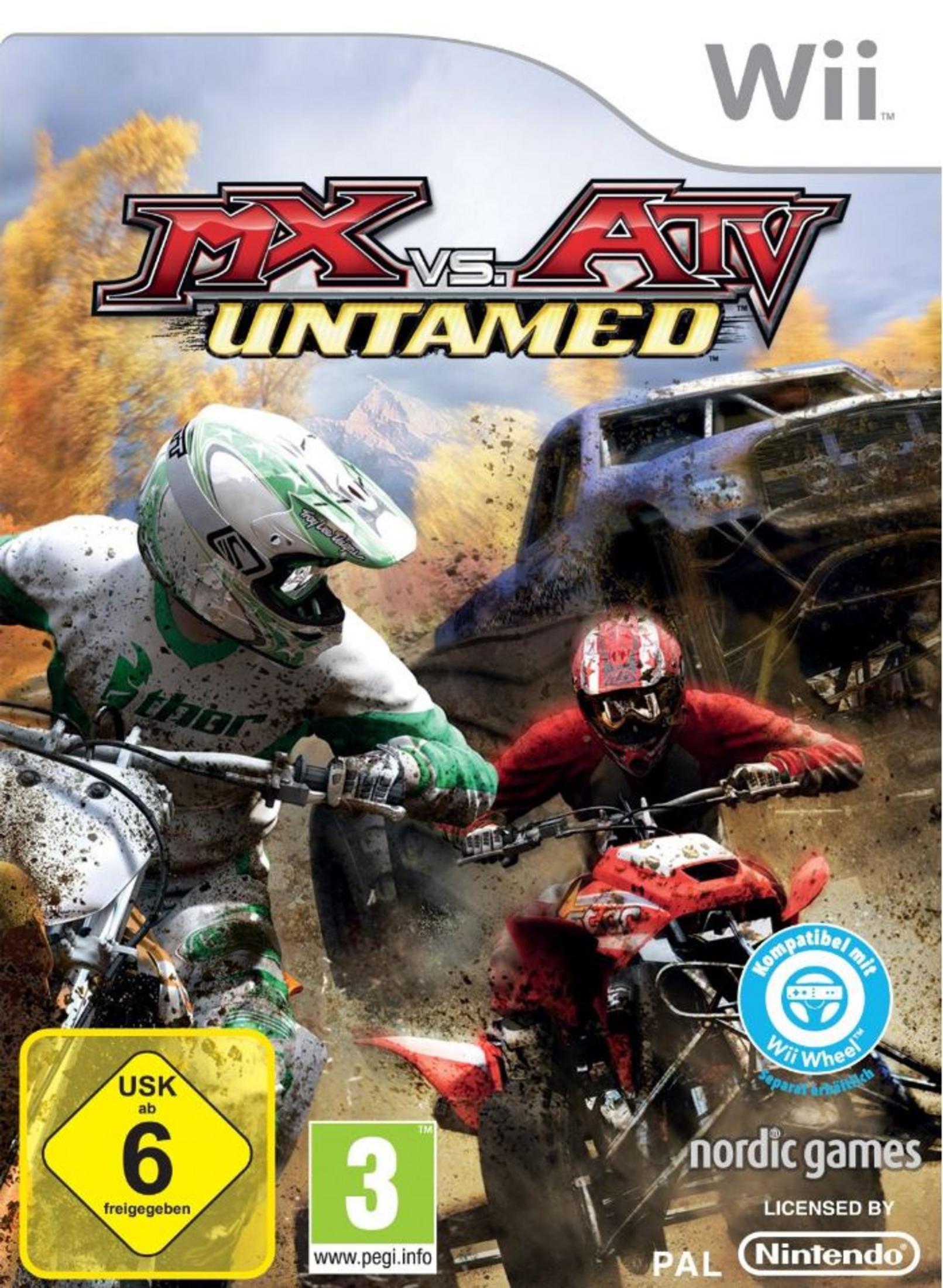 MX vs. ATV Untamed Spielcover, das Motocross-Rennfahrer auf Motorrädern und einen Truck zeigt.