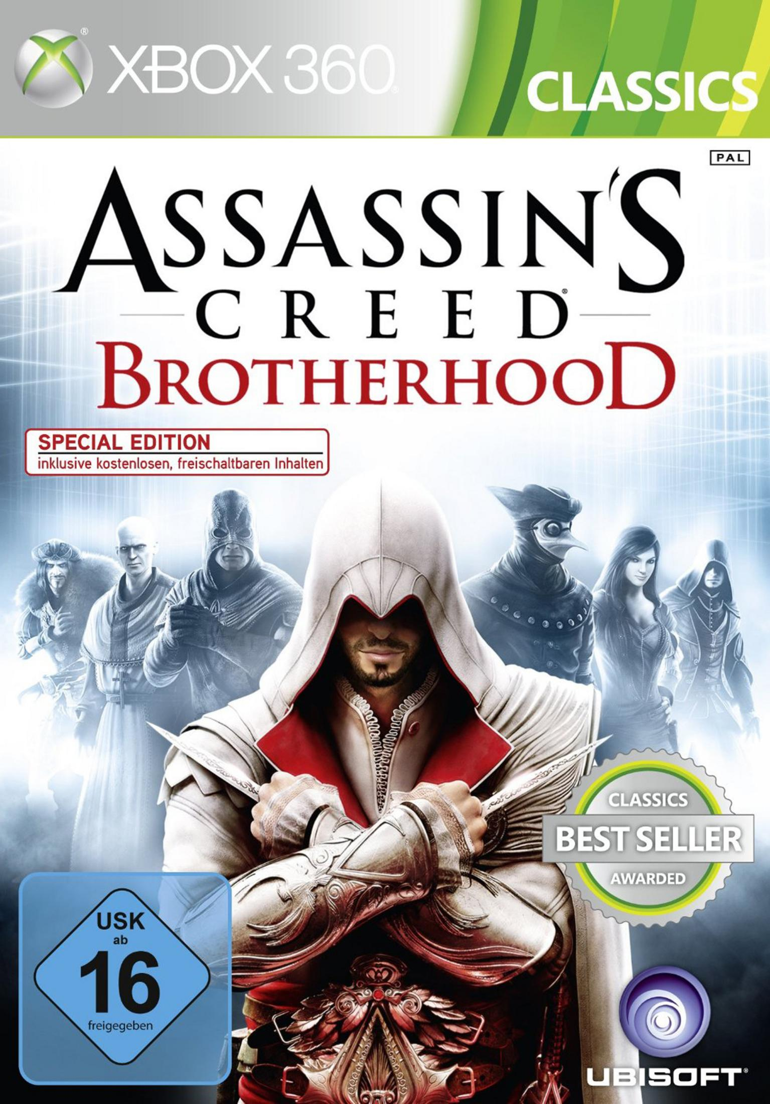 Assassin's Creed Brotherhood Spielcover. Charakter in weißer Kapuze hält Klingen, umgeben von Verbündeten und Feinden.