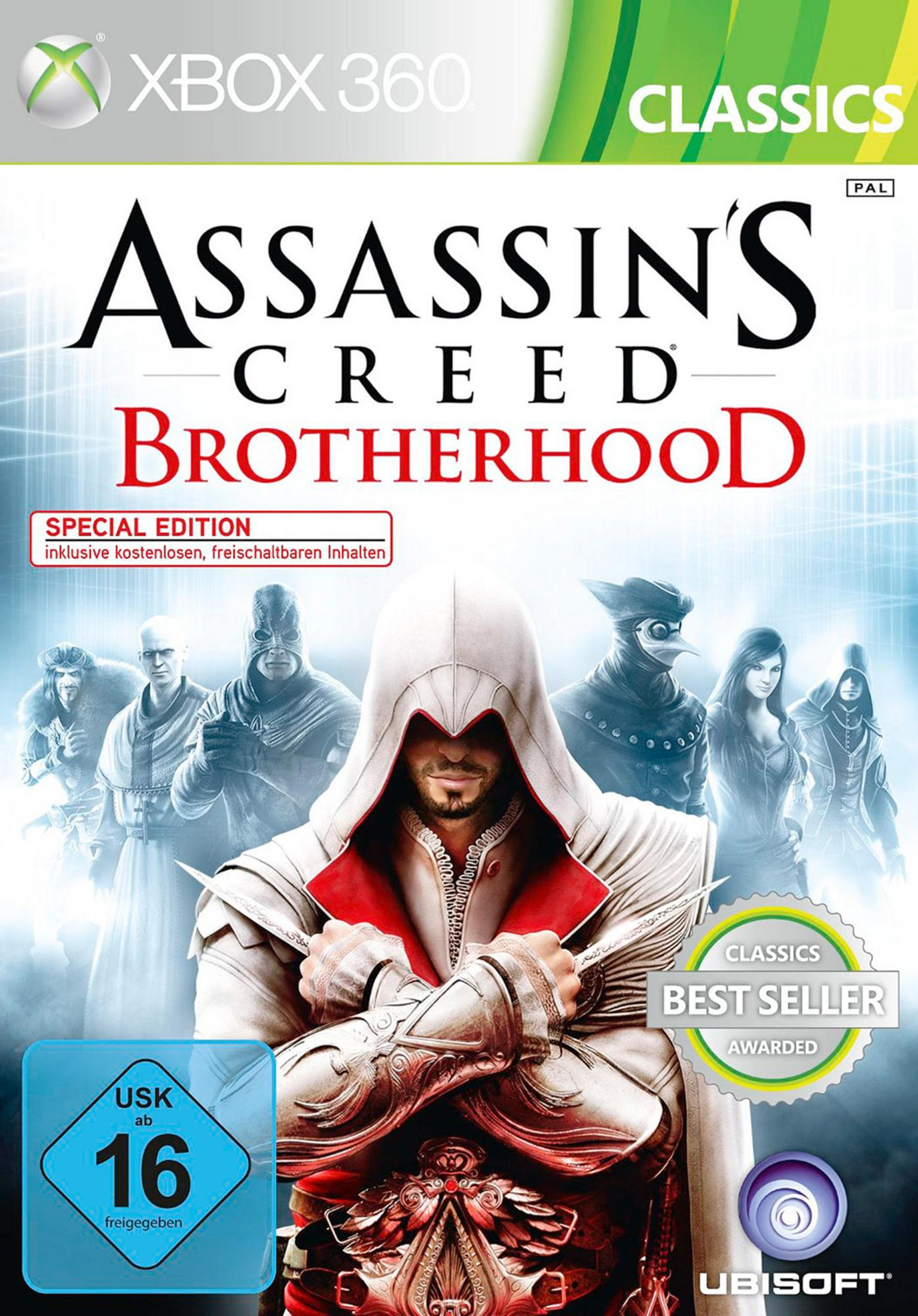Assassin's Creed Brotherhood Spielcover. Charakter in weißer Kapuze hält Klingen, umgeben von Verbündeten und Feinden.
