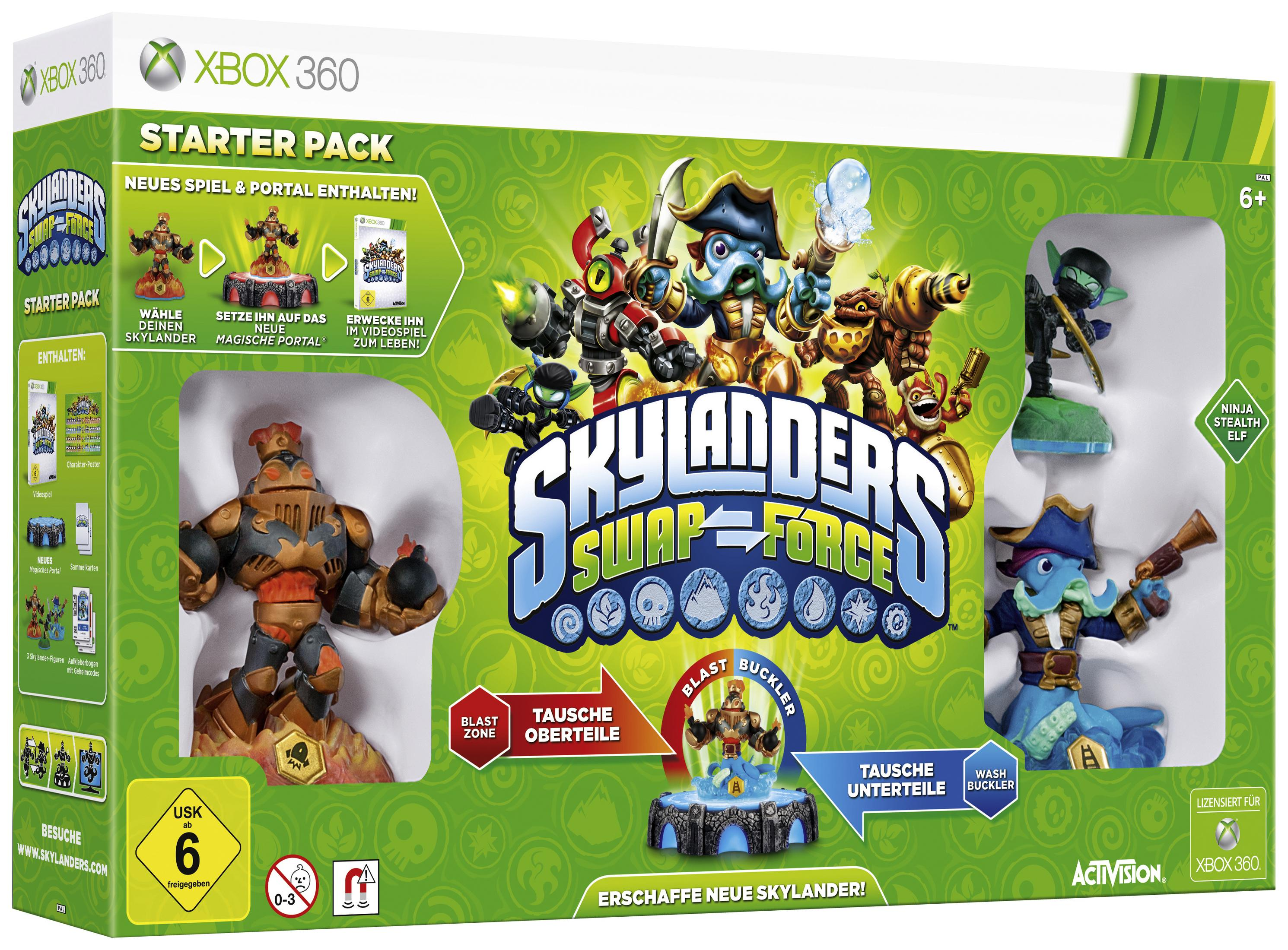 Xbox 360-Spielbox für Skylanders Swap Force. Zeigt verschiedene Spielcharaktere und Figuren. Grüner Hintergrund.