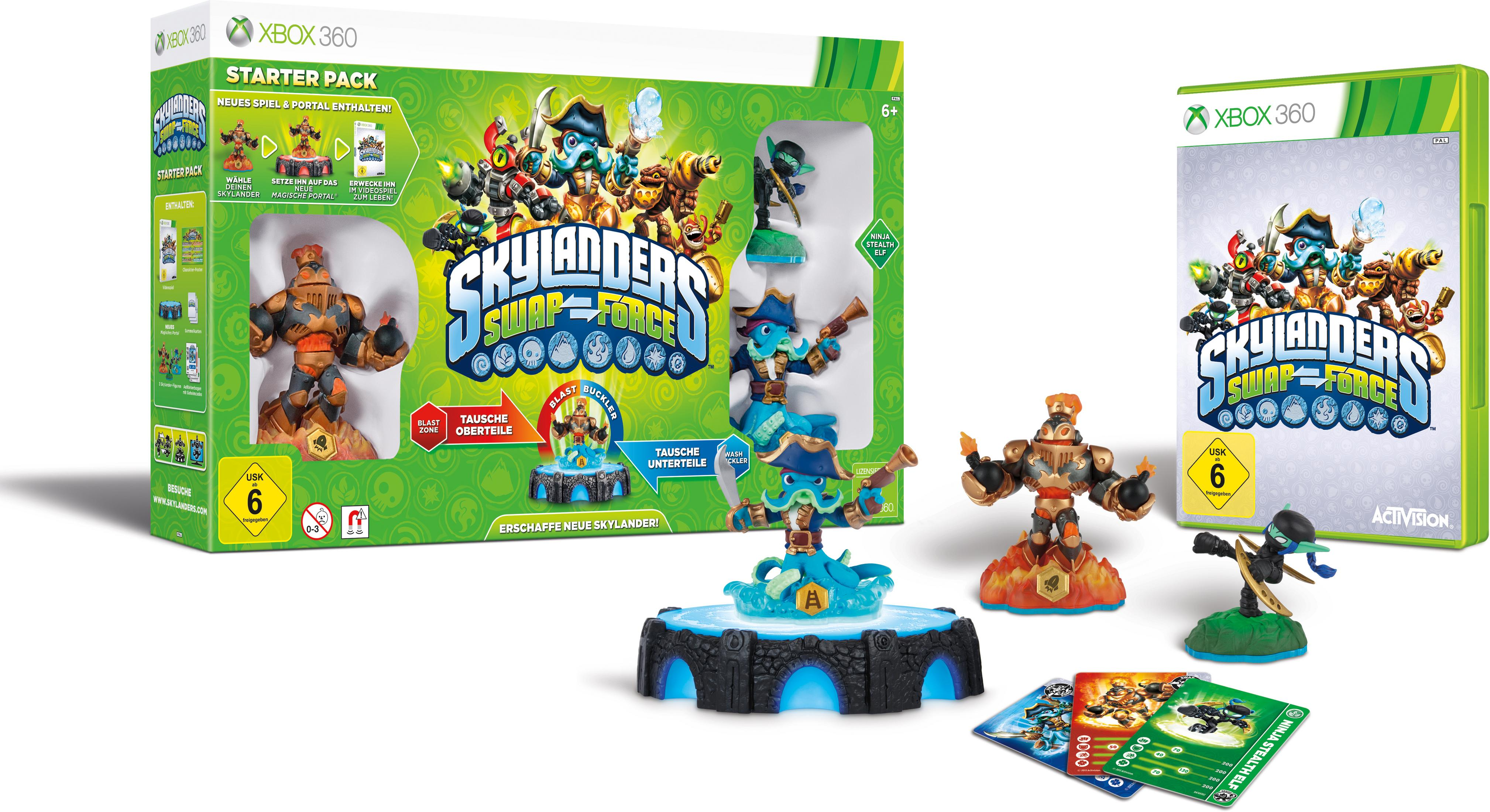 Xbox 360-Spielbox für Skylanders Swap Force, zeigt Charaktere und Figuren. Enthält Spiel-Disc und Karten.