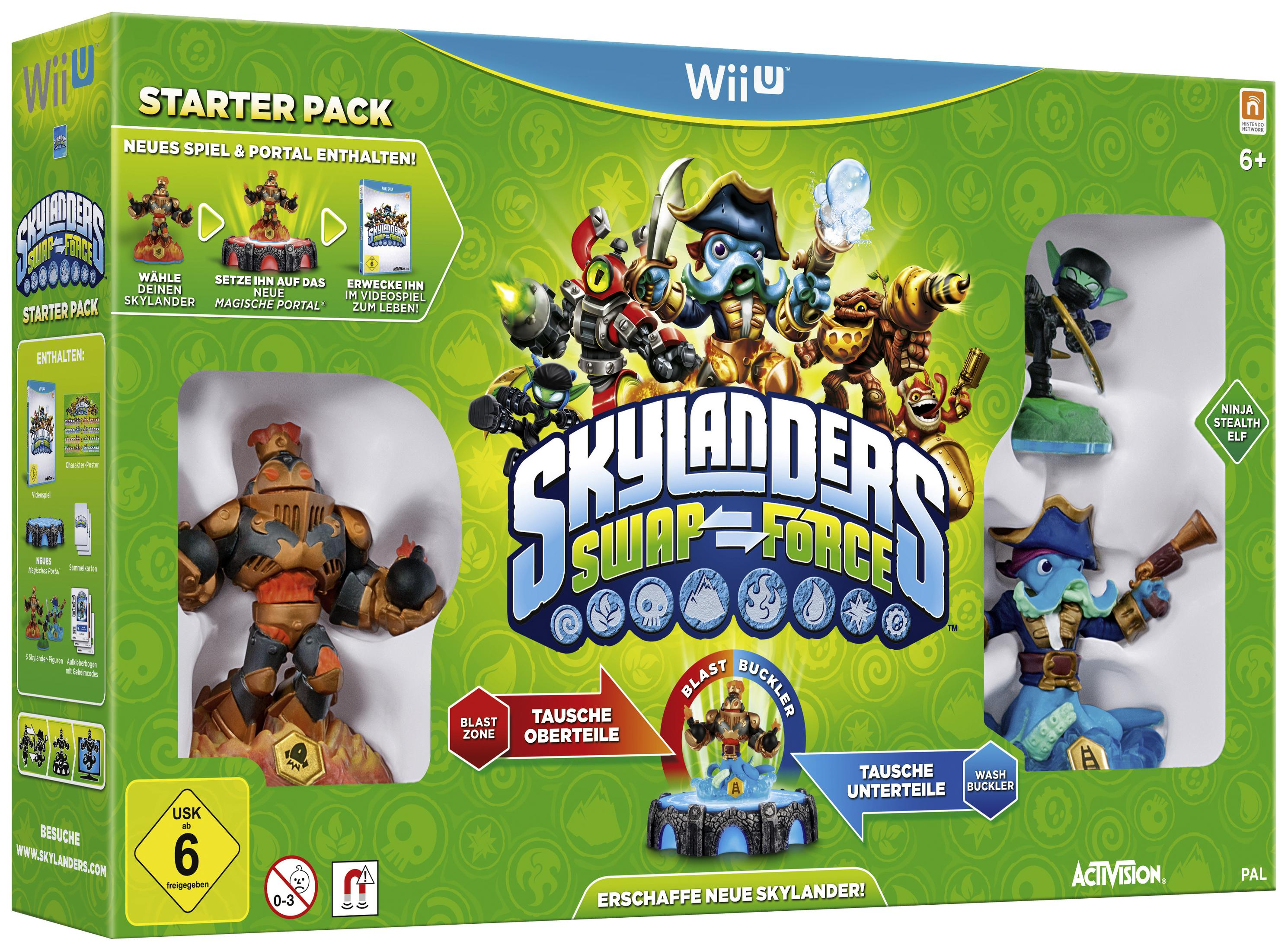 Skylanders Swap Force Wii U Starter Pack. Grüne Box mit Spielfiguren. Enthält Spiel-Discs und ein Portal.