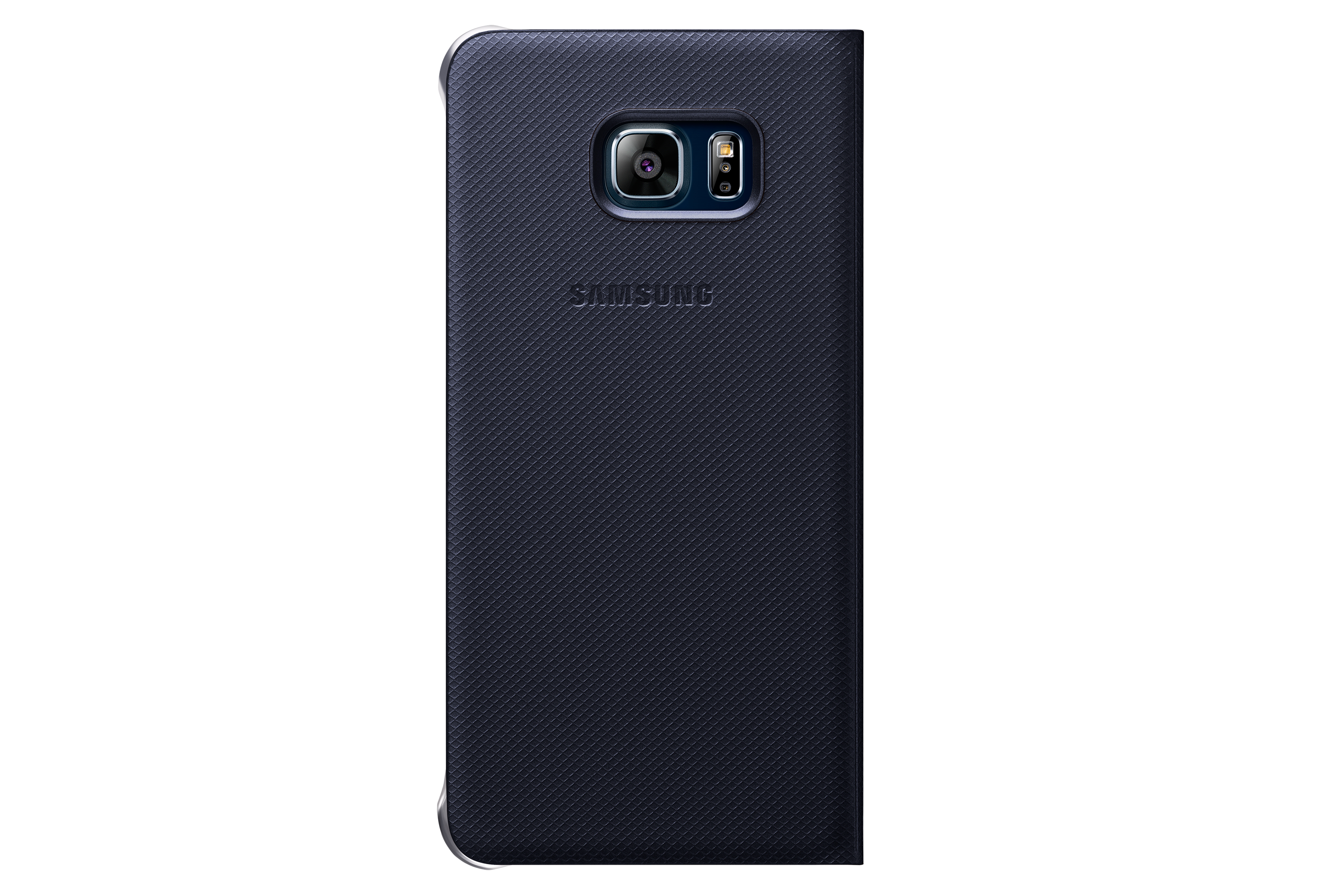 Das Bild zeigt die Rückseite einer dunkelblauen Samsung-Handyhülle mit einem Kameraausschnitt.