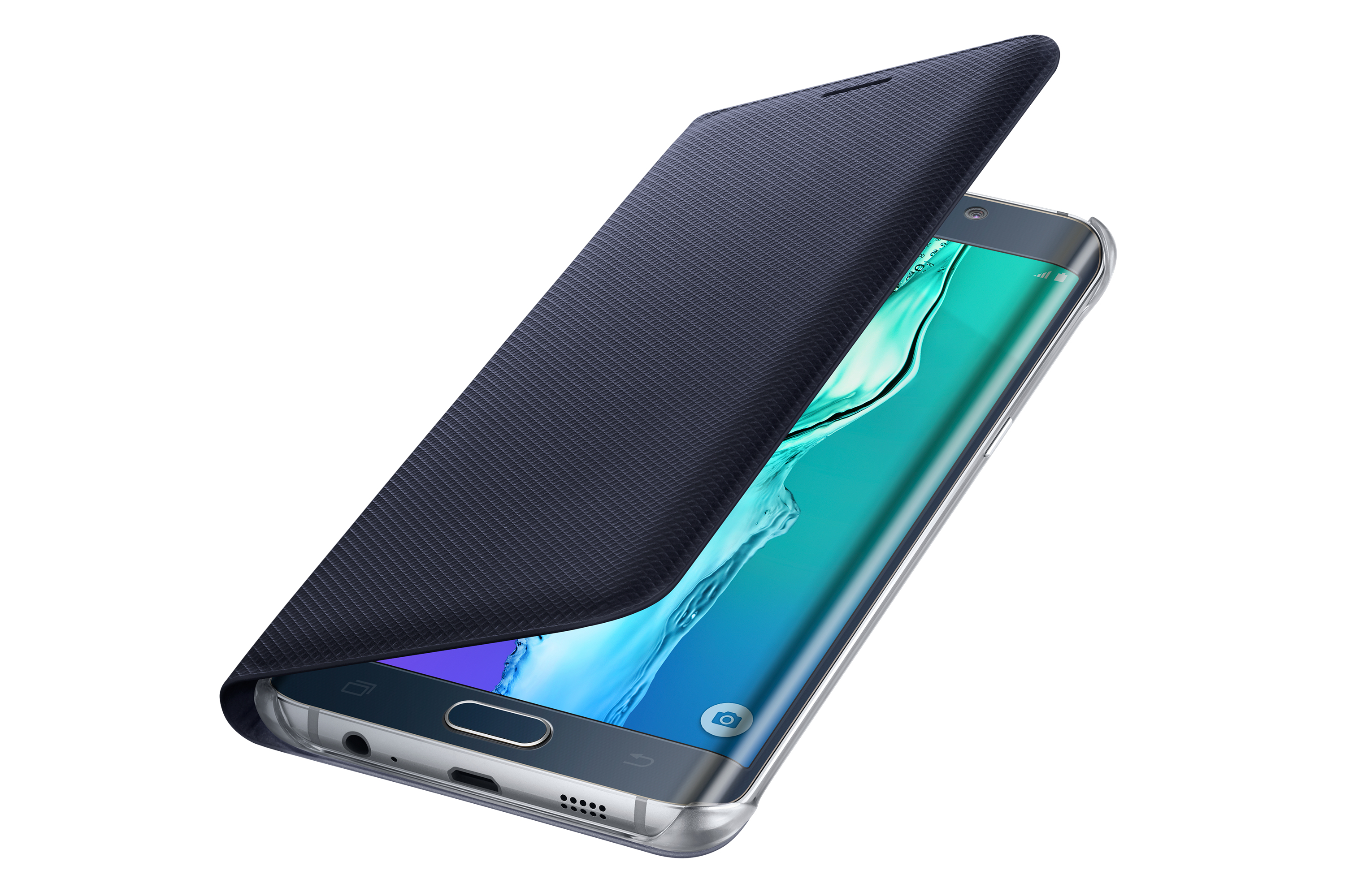 Das Bild zeigt eine teilweise geöffnete dunkelblaue Samsung-Handyhülle, die den Bildschirm des Telefons freigibt.
