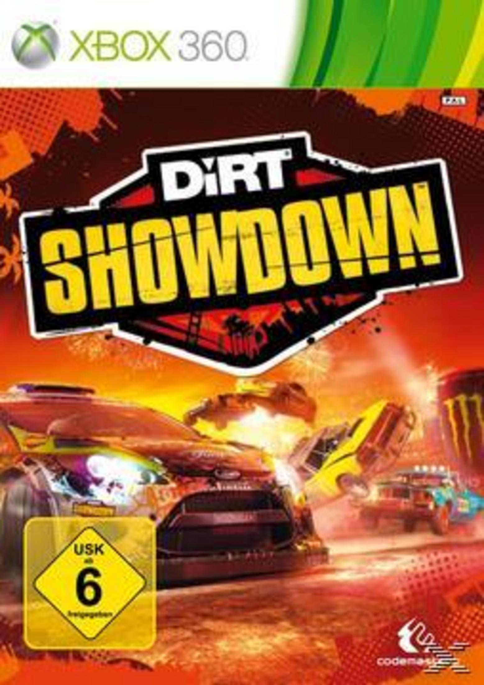 Das Dirt Showdown Xbox 360-Spielcover mit Rennwagen und einem Explosionshintergrund.