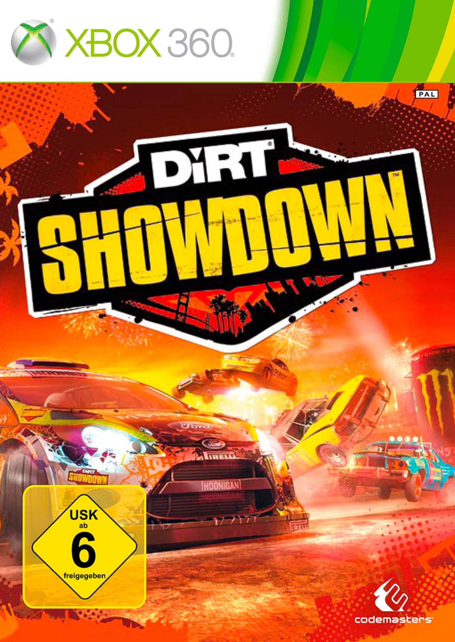 Das Dirt Showdown Xbox 360-Spielcover mit Rennwagen und einem Explosionshintergrund.