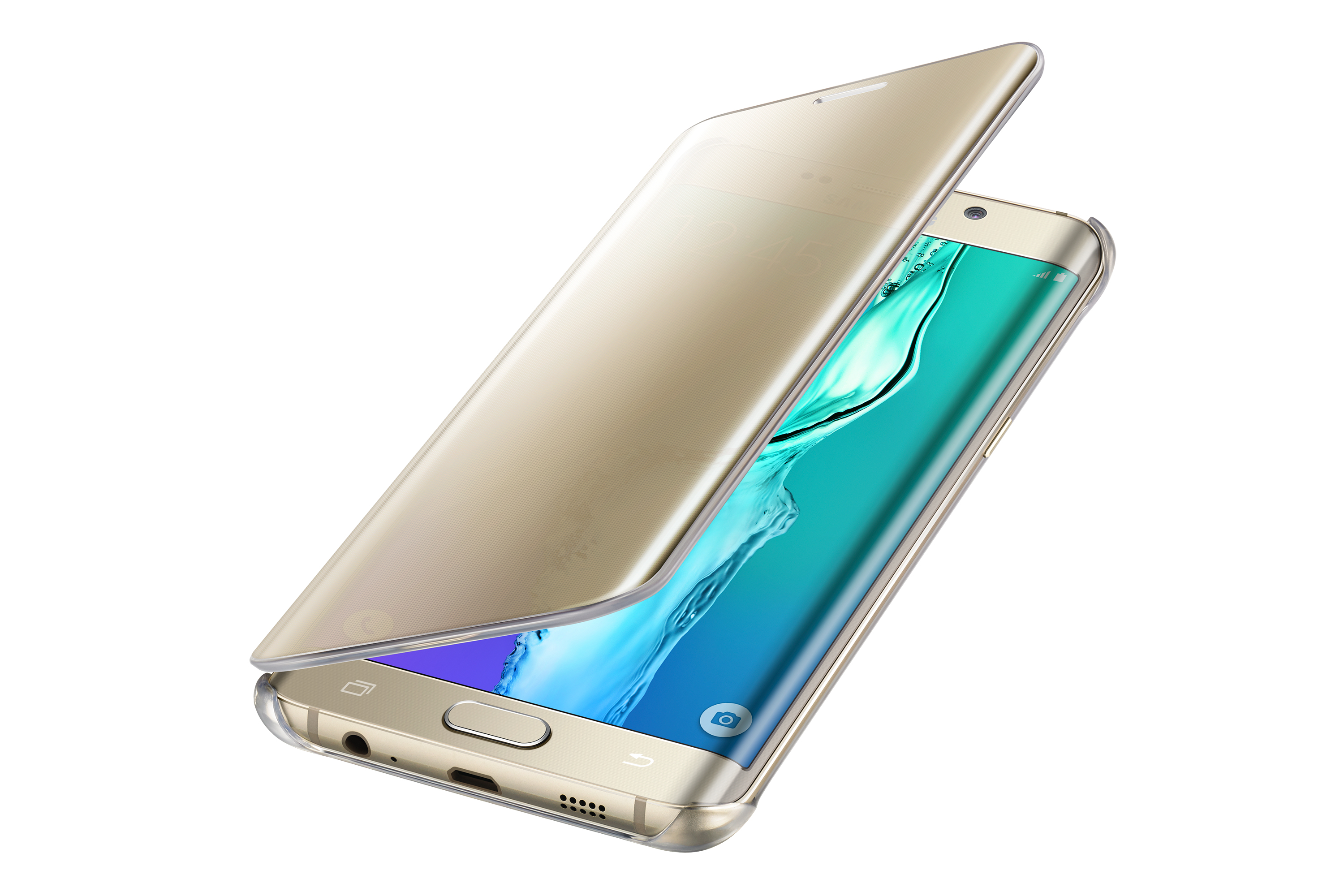 Ein goldenes Smartphone in einer transparenten Hülle hat eine offene Flip-Abdeckung, die den Bildschirm mit einem blauen Hintergrundbild freigibt.