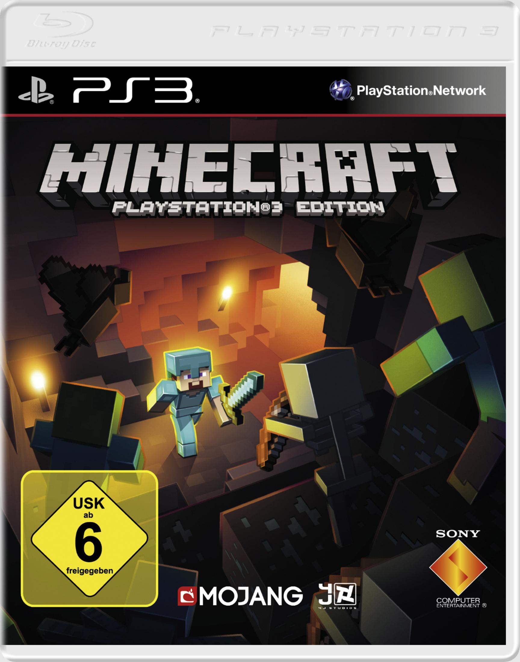 Das Cover des Spiels Minecraft PlayStation 3 Edition zeigt eine Figur in einer Höhle, umgeben von blockartigen Figuren.