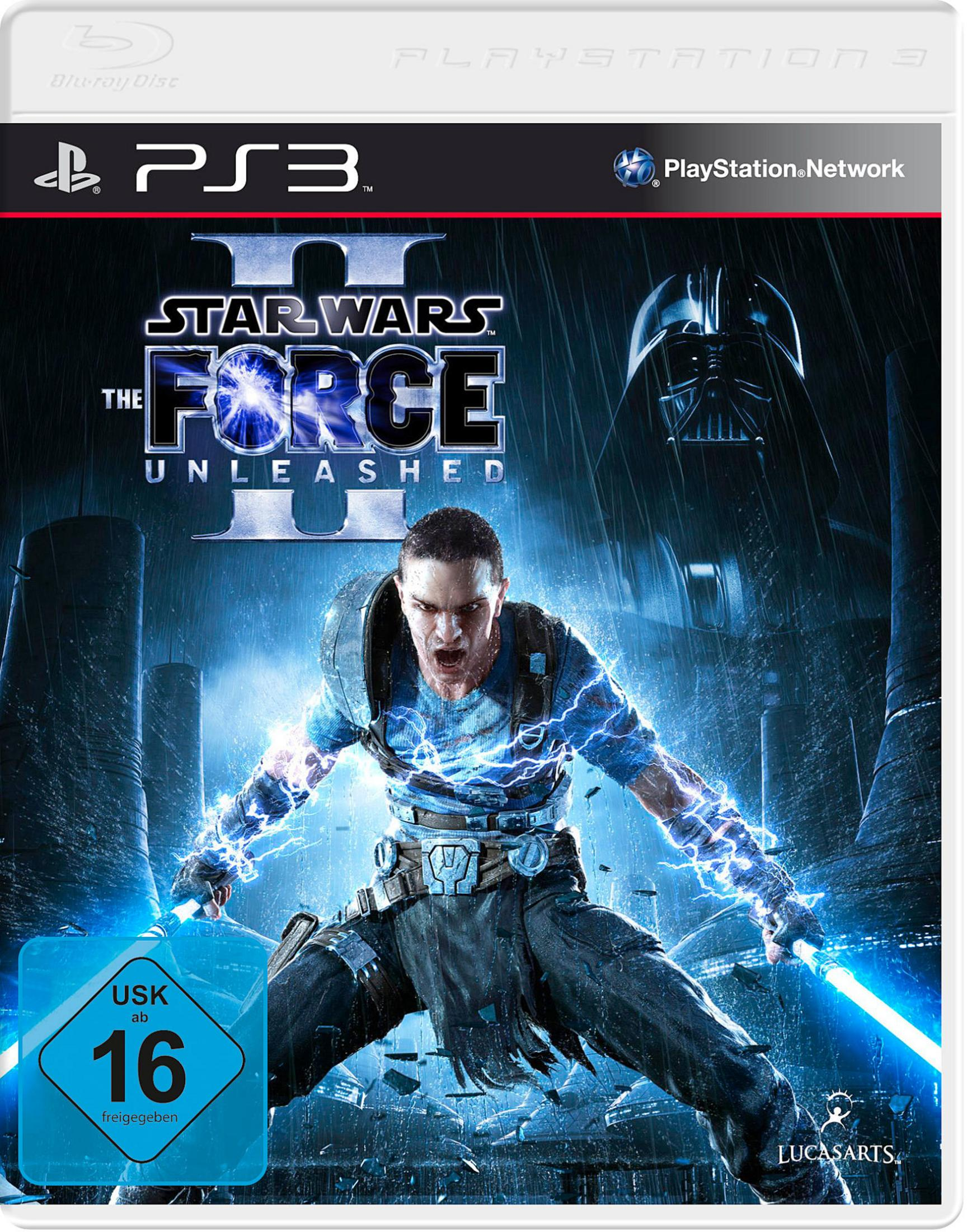Star Wars: The Force Unleashed II Spielcover auf einer PS3-Hülle. Mann mit Lichtschwertern, Darth Vader Silhouette.
