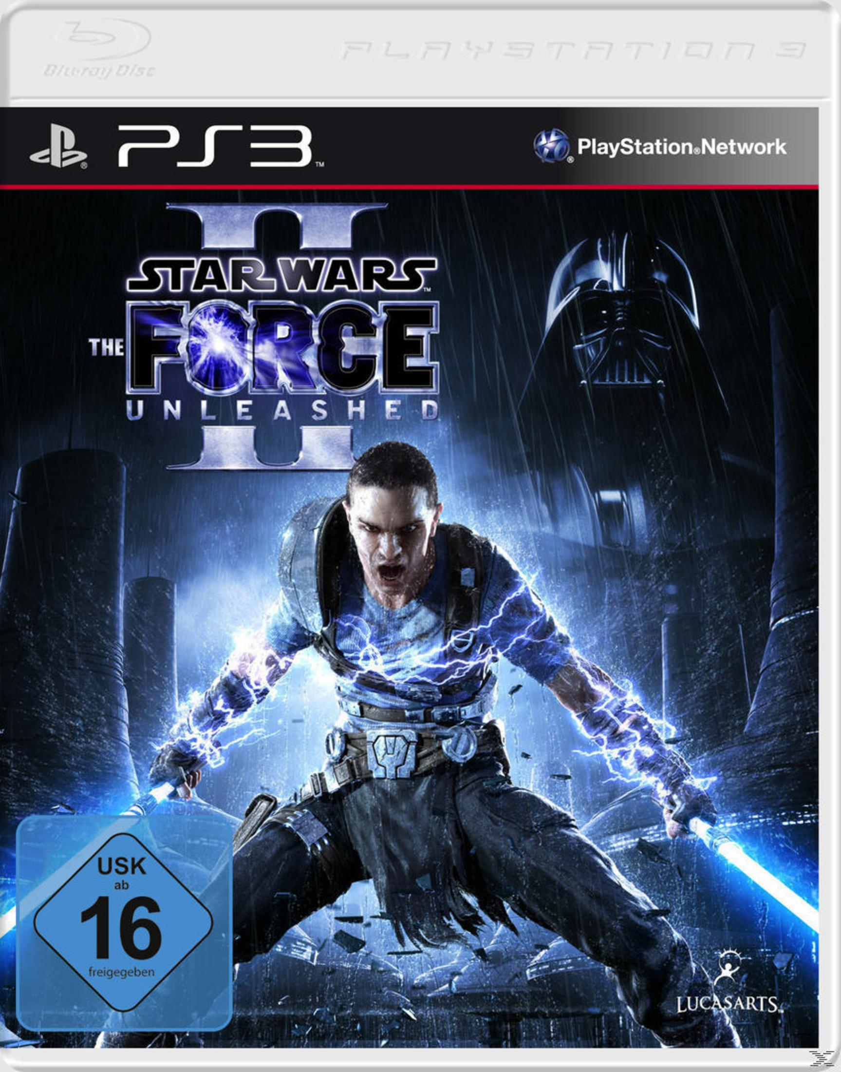 Star Wars: The Force Unleashed II Spielcover auf einer PS3-Hülle. Mann mit Lichtschwertern, Darth Vader Silhouette.