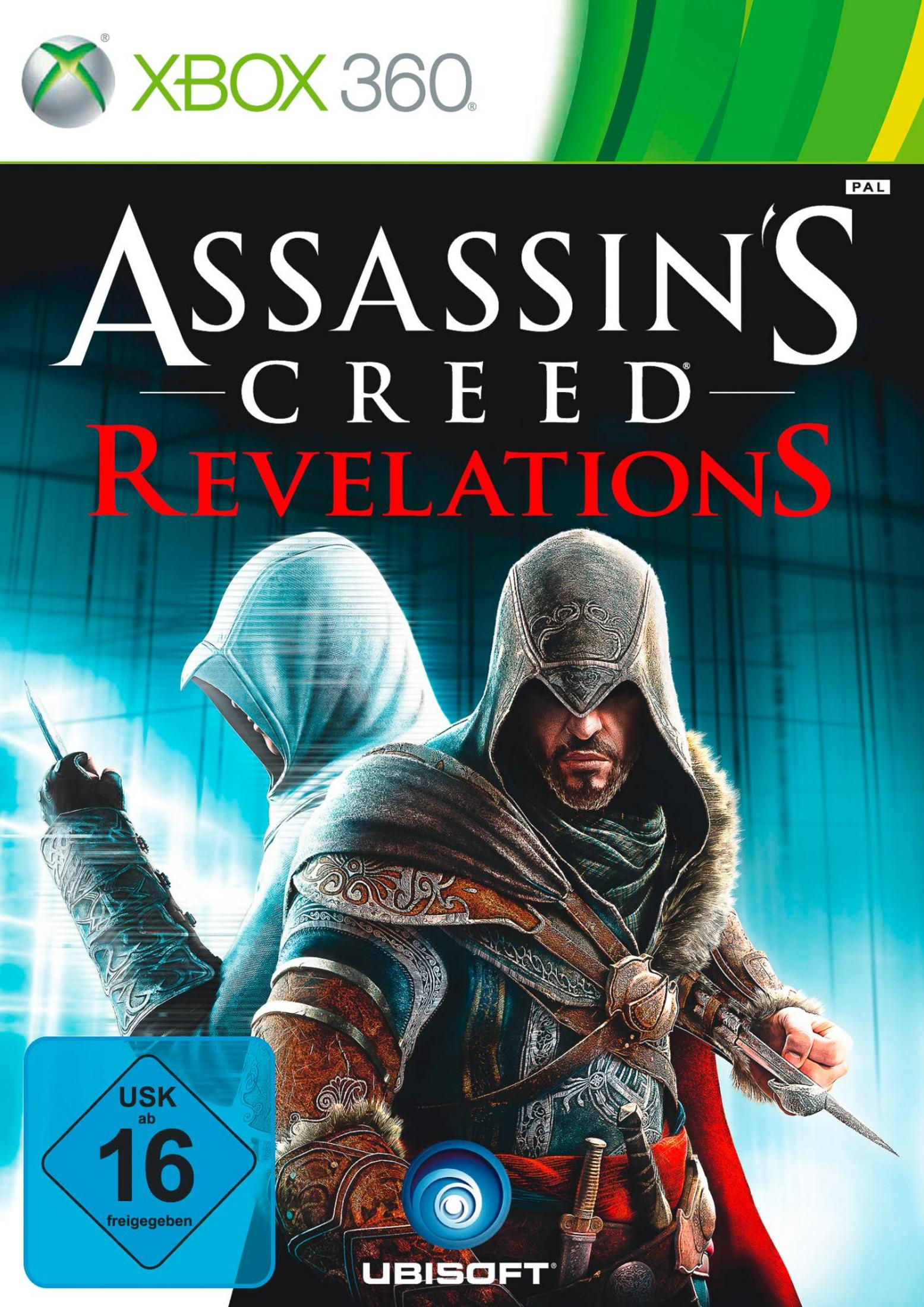 Assassin's Creed: Revelations Spielcover auf einer Xbox 360-Hülle. Zwei Kapuzenfiguren, eine mit Klinge.