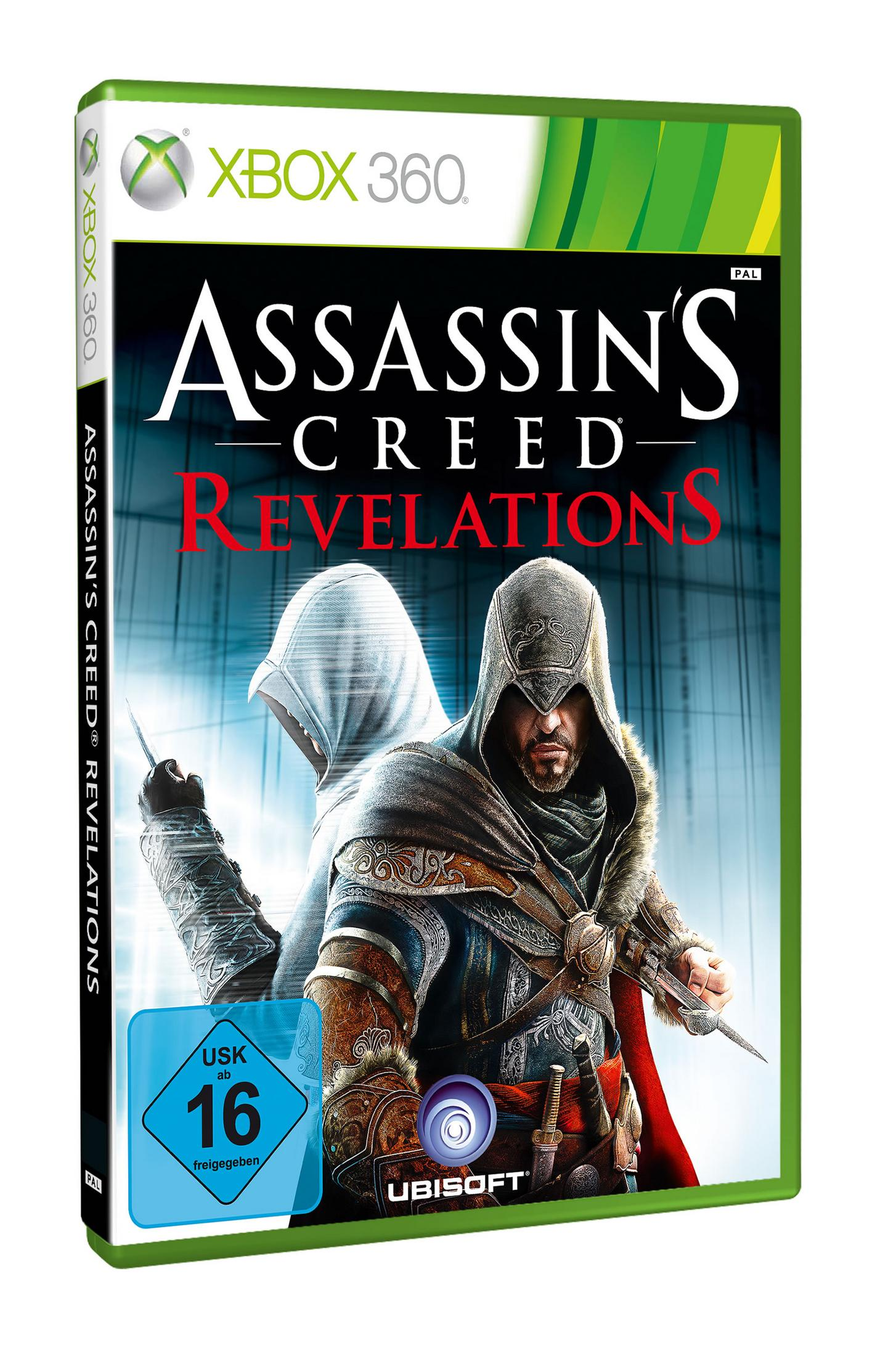 Assassin's Creed: Revelations Spielcover auf einer Xbox 360-Hülle. Zwei Kapuzenfiguren, eine mit Klinge.