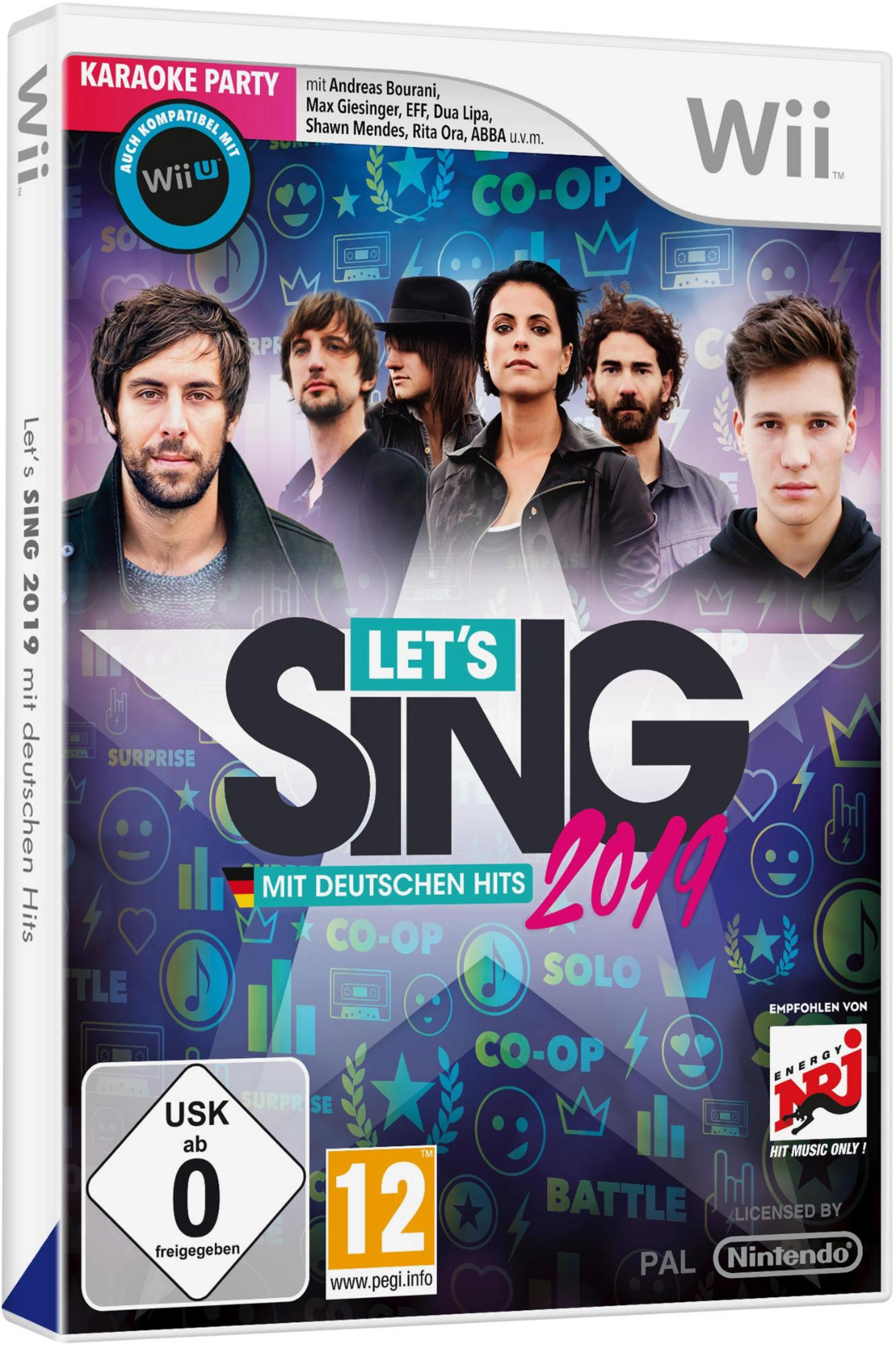 Let's Sing 2019-Spielcover mit sechs Sängern und farbenfrohen Grafikelementen.