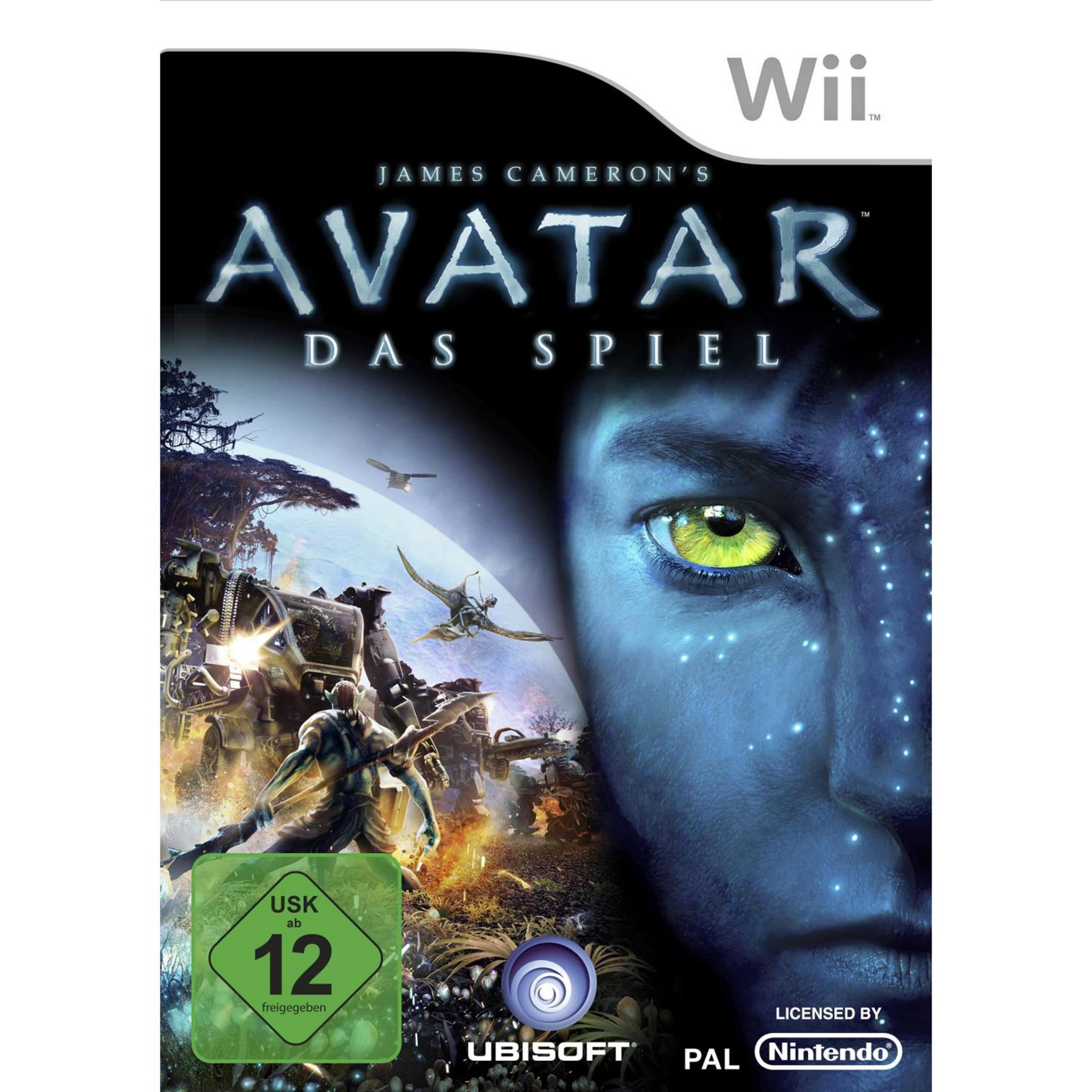 Avatar-Spielcover: blaues Alien-Gesicht rechts, Dschungelszene links, dunkler Hintergrund.