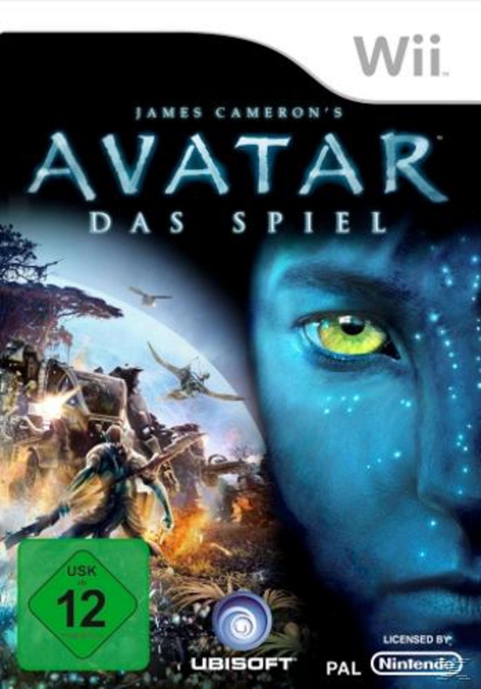 Avatar-Spielcover: blaues Alien-Gesicht rechts, Dschungelszene links, dunkler Hintergrund.