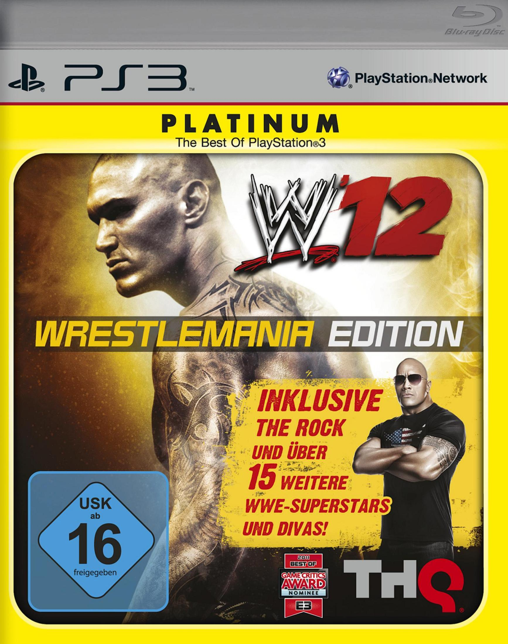 PS3-Spielcover mit Wrestlern, darunter Randy Orton und The Rock, in einem gelb-thematischen Design.
