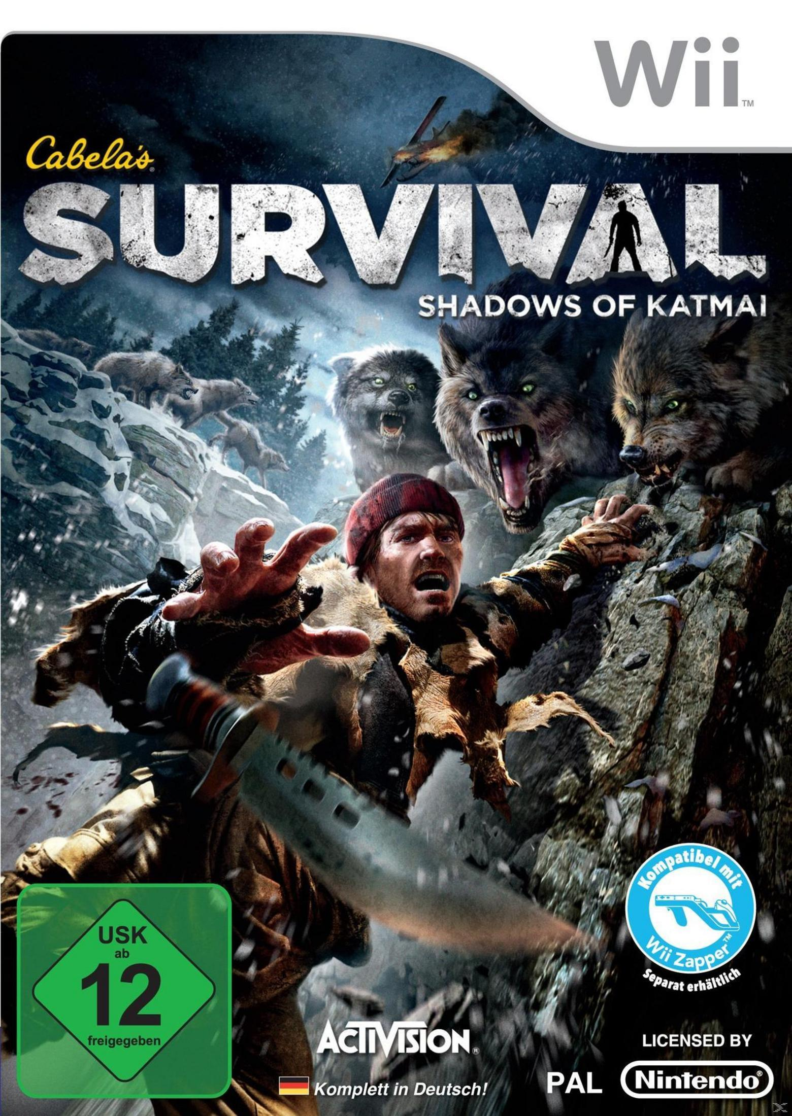 Das Cover des Spiels Cabela's Survival: Shadows of Katmai zeigt einen Mann in Not, umgeben von Wölfen in einer verschneiten Landschaft.