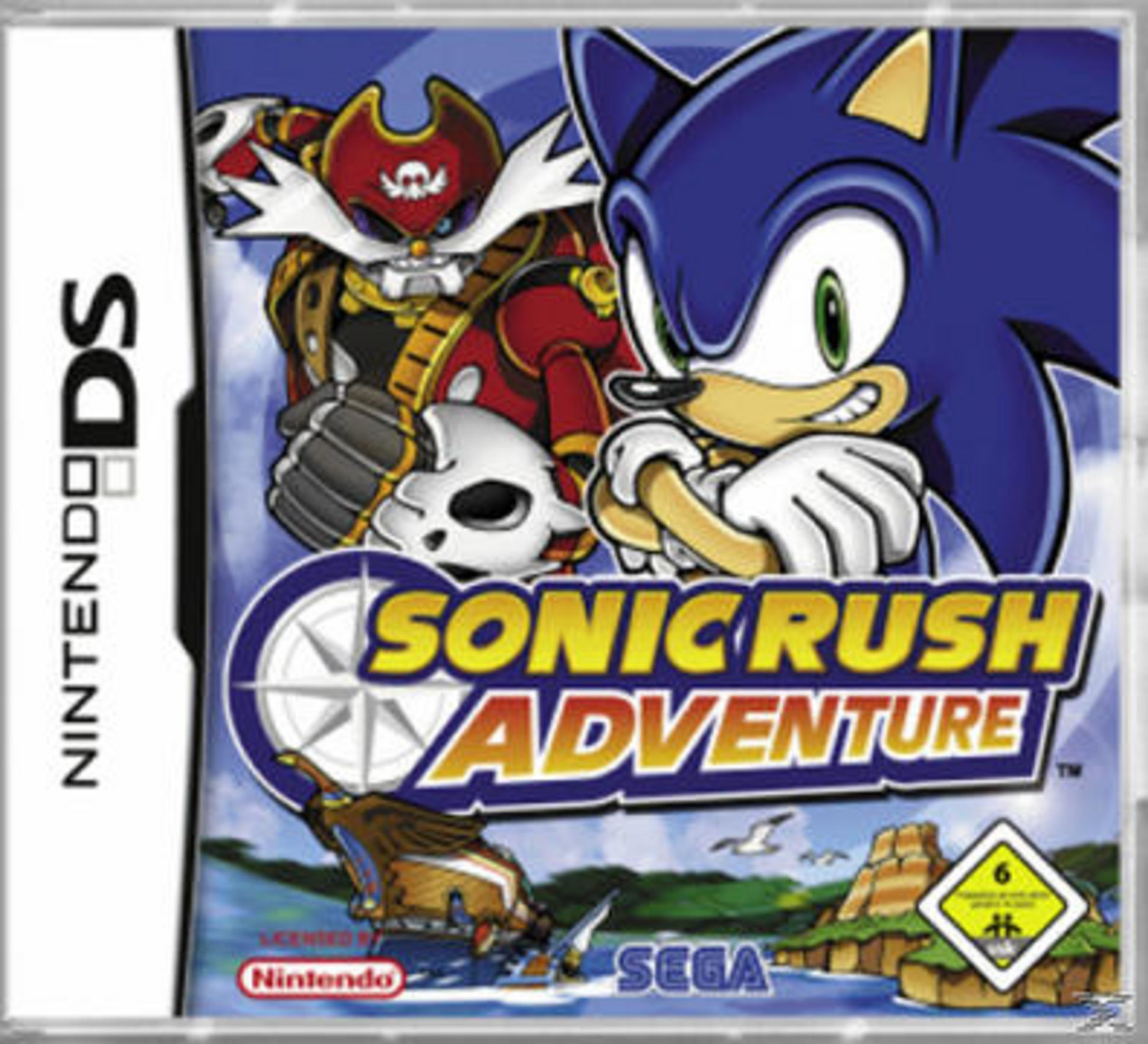 Das Cover des Spiels Sonic Rush Adventure zeigt Sonic und eine Piratenfigur vor einer tropischen Inselkulisse.