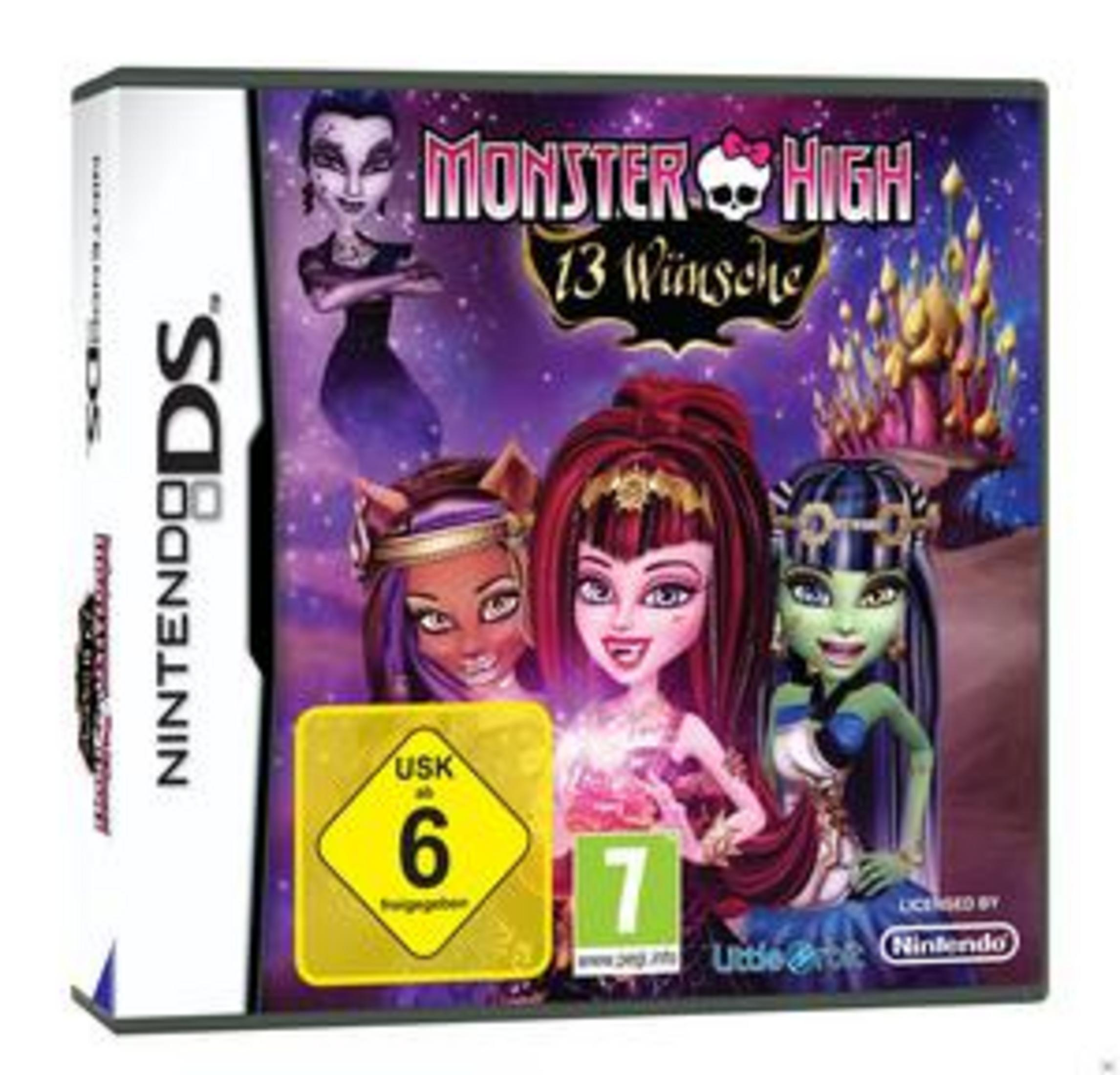 Das Cover des Spiels Monster High: 13 Wünsche zeigt drei gruselige Mädchen und ein gruseliges Schloss vor einem sternenklaren, lila Himmel.