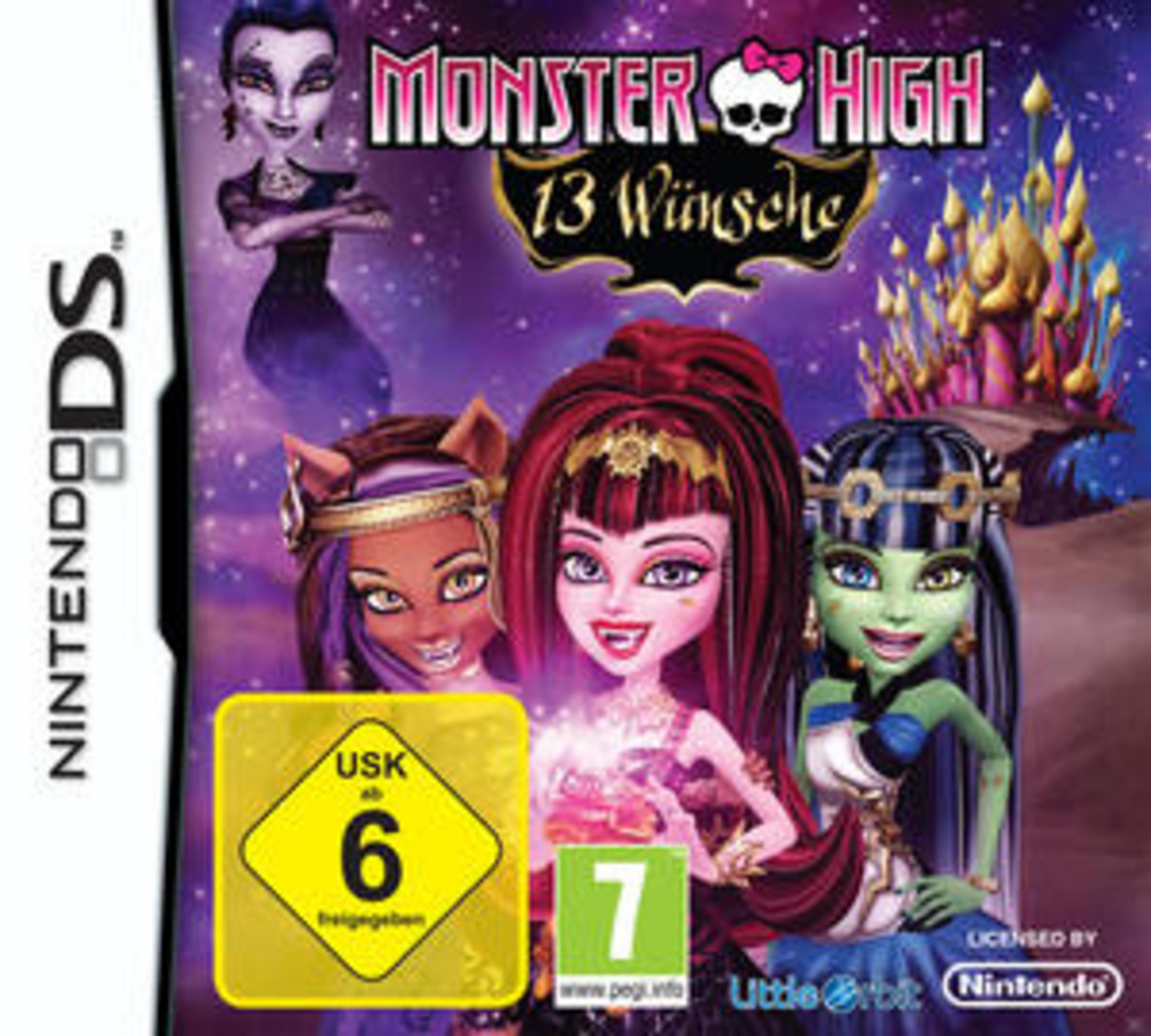 Das Cover des Spiels Monster High: 13 Wünsche zeigt drei gruselige Mädchen und ein gruseliges Schloss vor einem sternenklaren, lila Himmel.