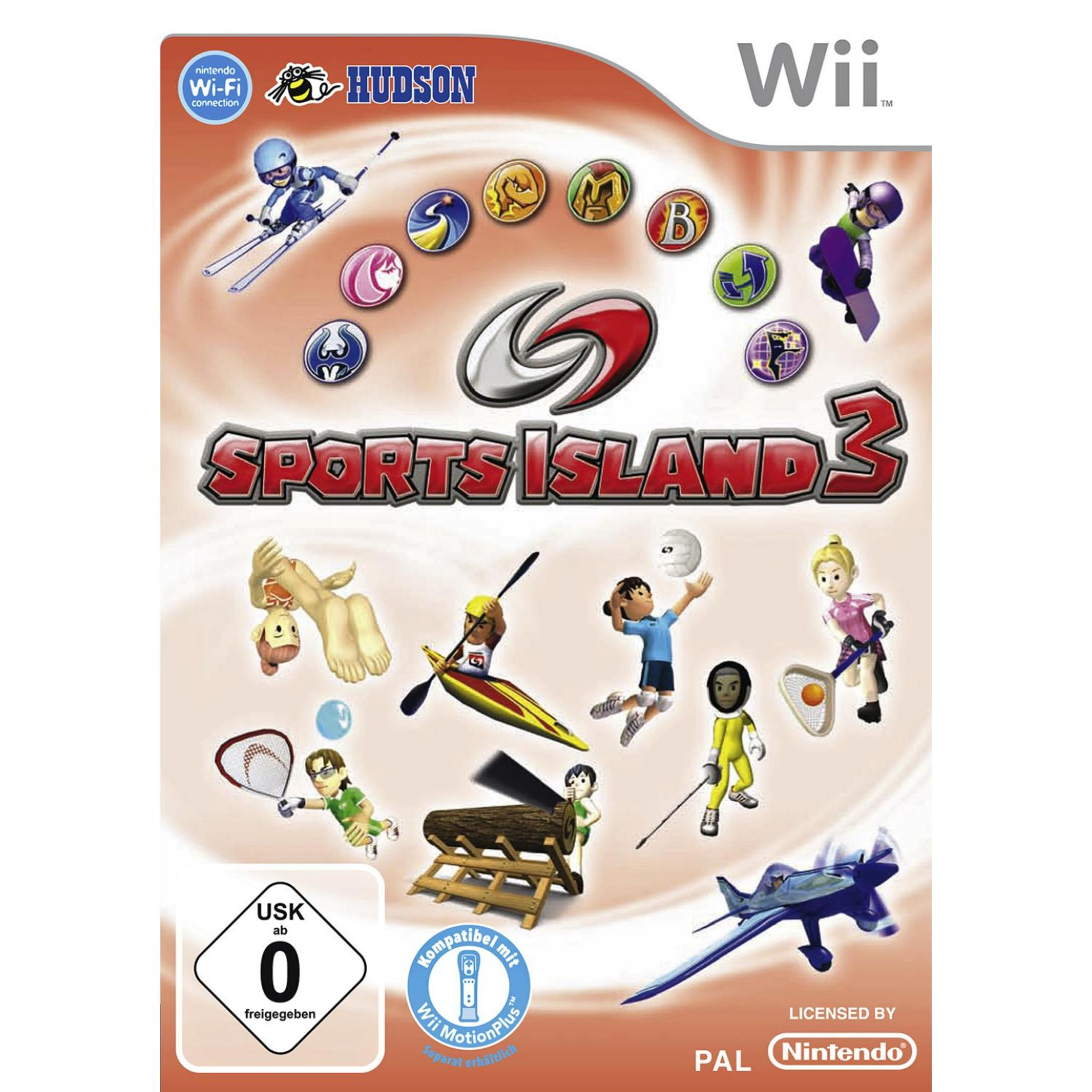 Sports Island 3 Wii-Spielcover mit verschiedenen Avataren, die Sportarten auf einem pfirsichfarbenen Hintergrund ausüben.