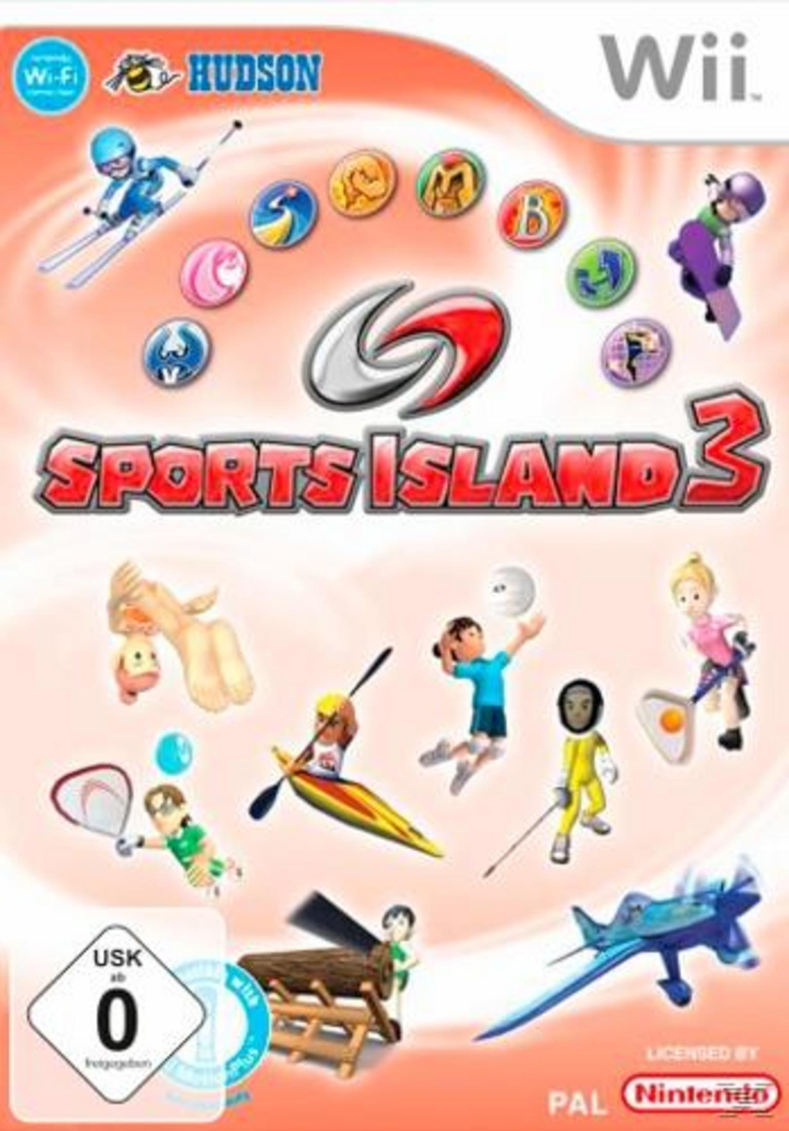 Sports Island 3 Wii-Spielcover mit verschiedenen Avataren, die Sportarten auf einem pfirsichfarbenen Hintergrund ausüben.