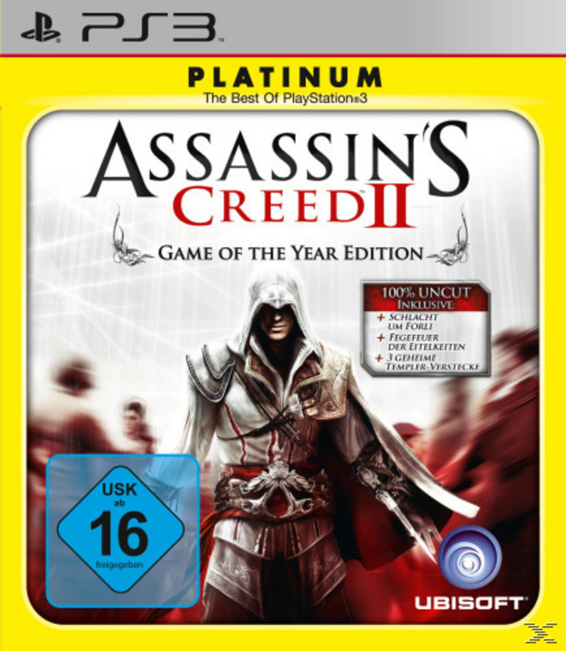 Assassin's Creed II-Spielcover mit einer vermummten Gestalt in weißer Rüstung vor einem rot-weißen Hintergrund.