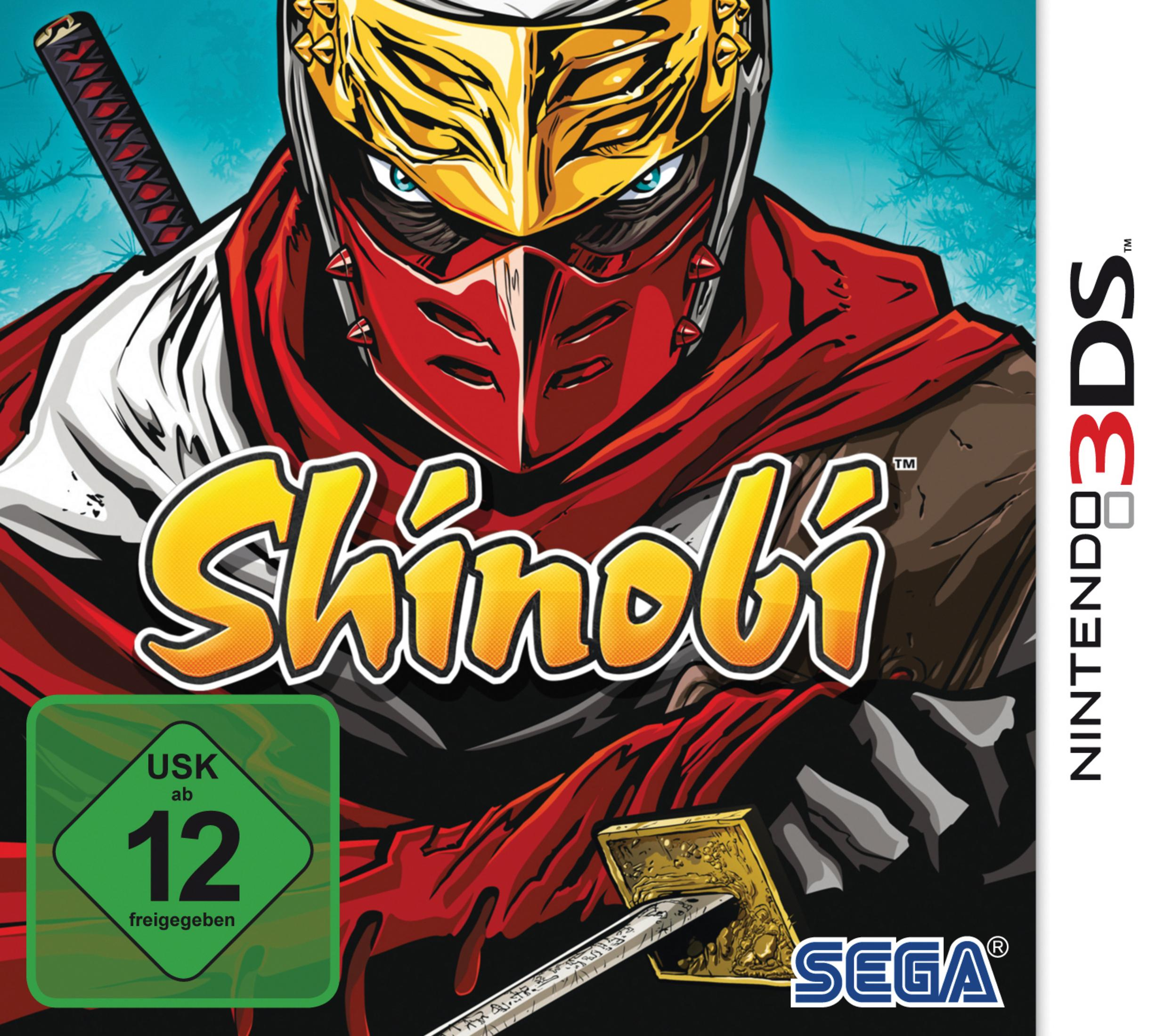 Shinobi-Spielcover für Nintendo 3DS mit einem Ninja mit einem Schwert und einem roten Schal.