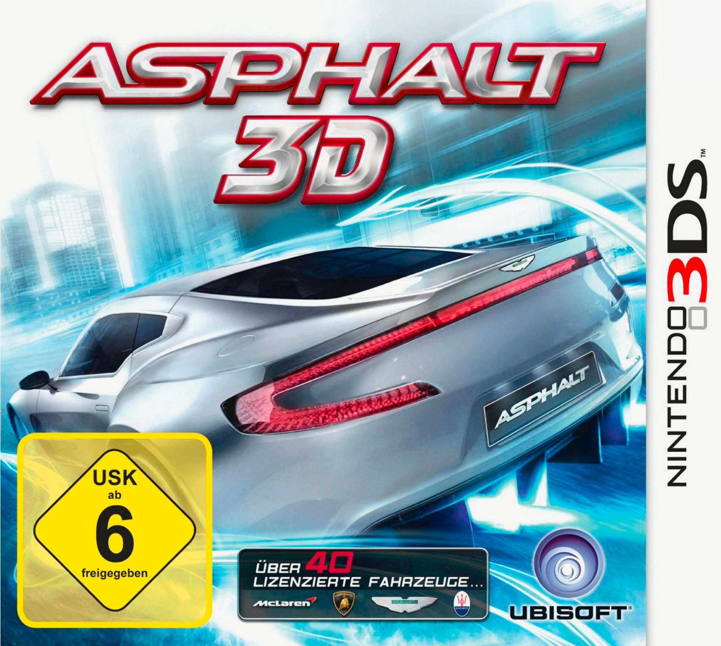 Asphalt 3D Nintendo 3DS-Spielcover mit einem silbernen Sportwagen vor einem blau-weißen Stadthintergrund.