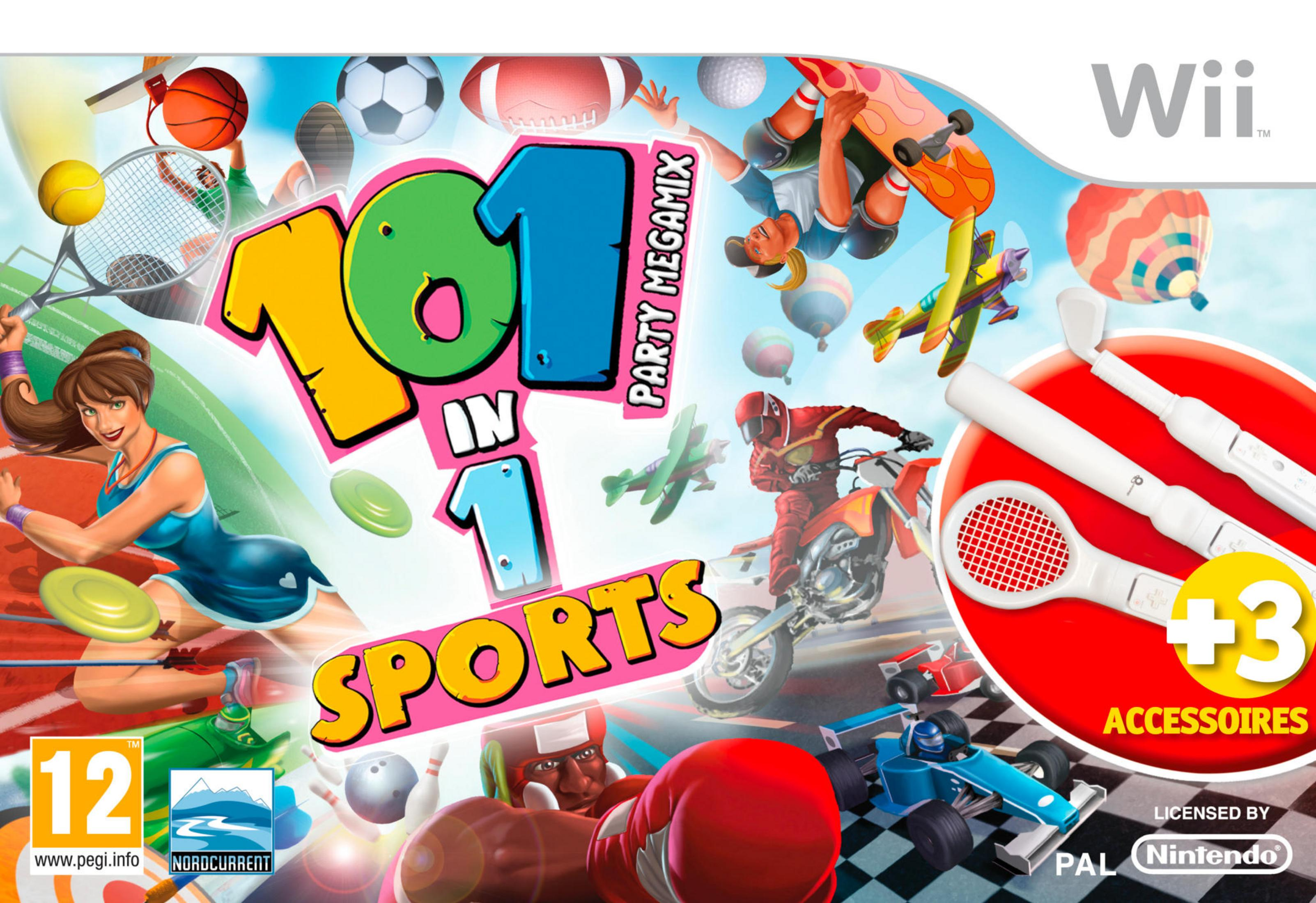 101-in-1 Sports Party Megamix Wii-Spielbox mit verschiedenen Sportarten und Charakteren in einer bunten Collage.
