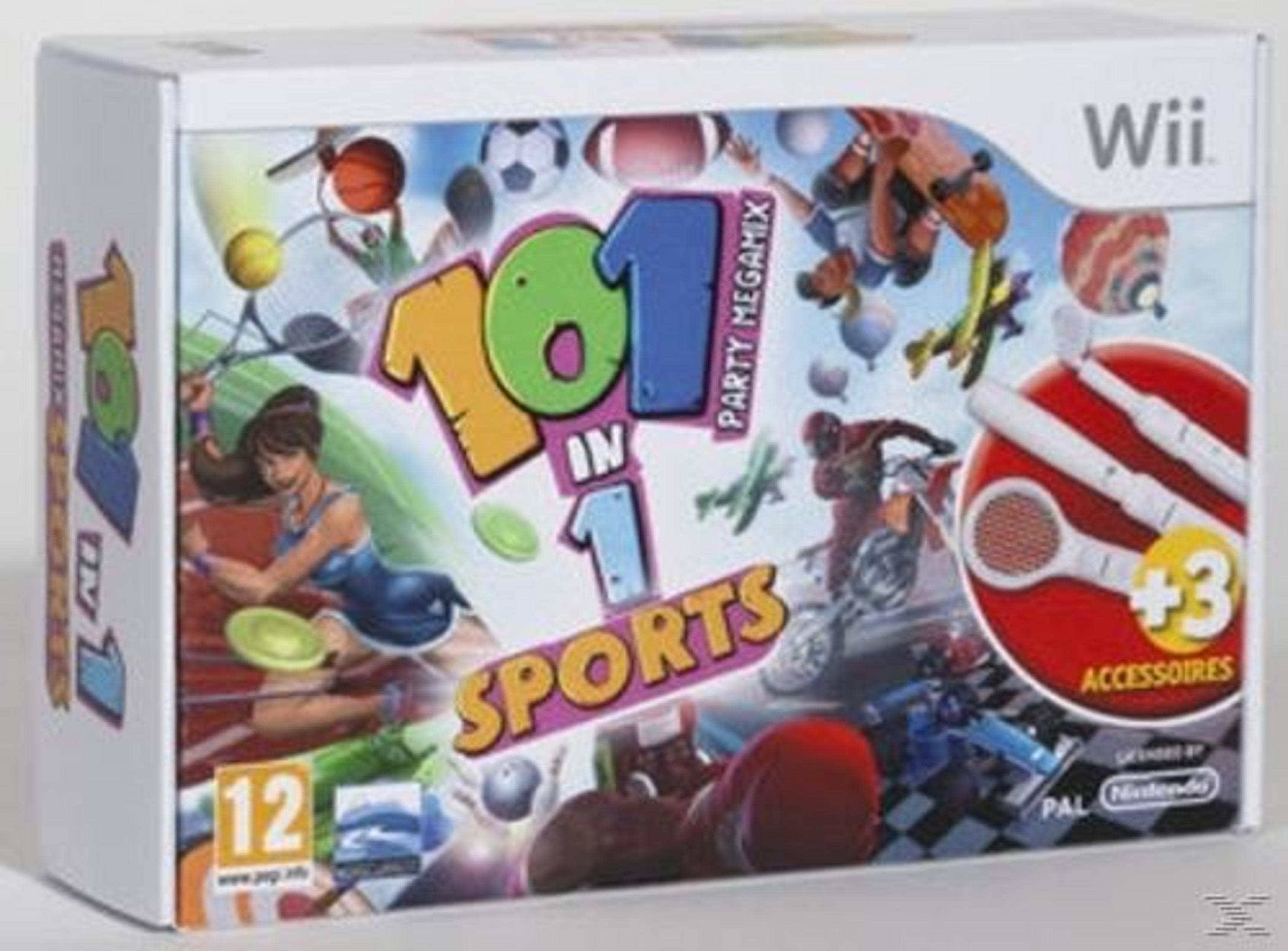 101-in-1 Sports Party Megamix Wii-Spielbox mit verschiedenen Sportarten und Charakteren in einer bunten Collage.