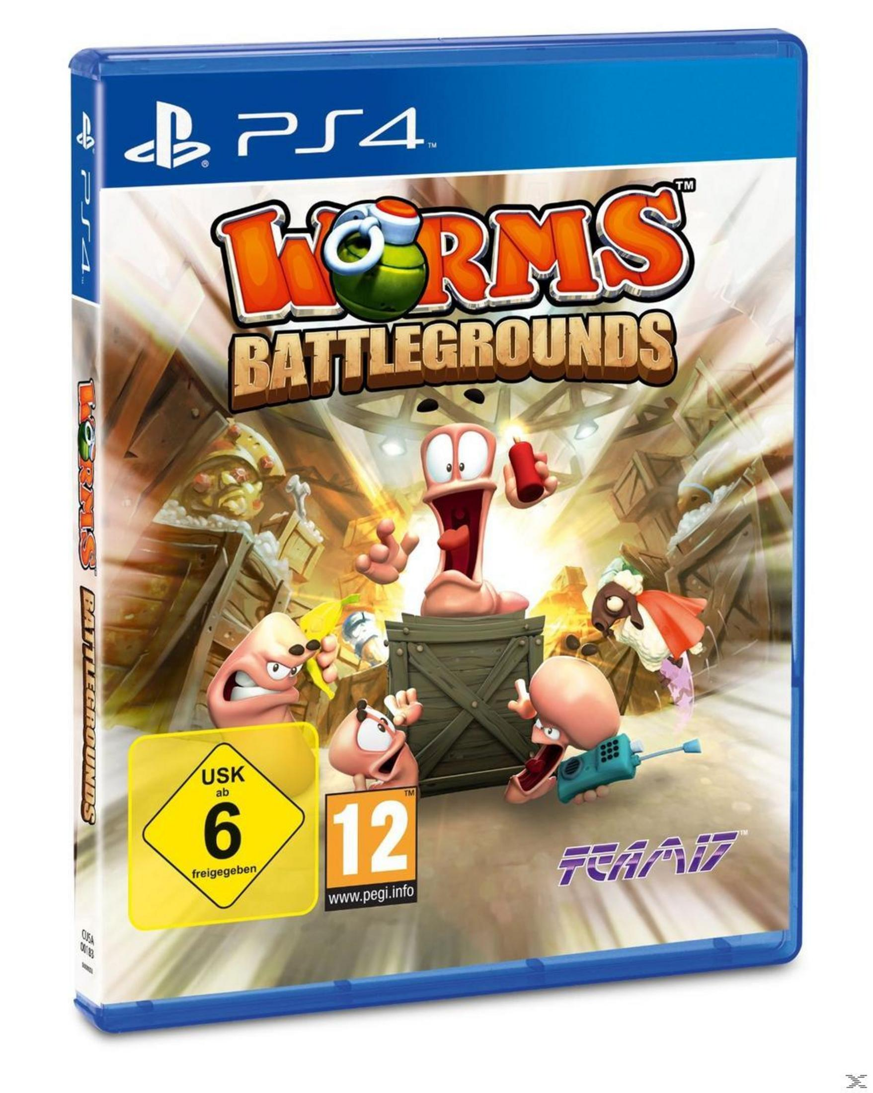 Das Cover des Spiels Worms Battlegrounds zeigt Cartoon-Würmer, Explosionen und USK 6- und PEGI 12-Bewertungen.