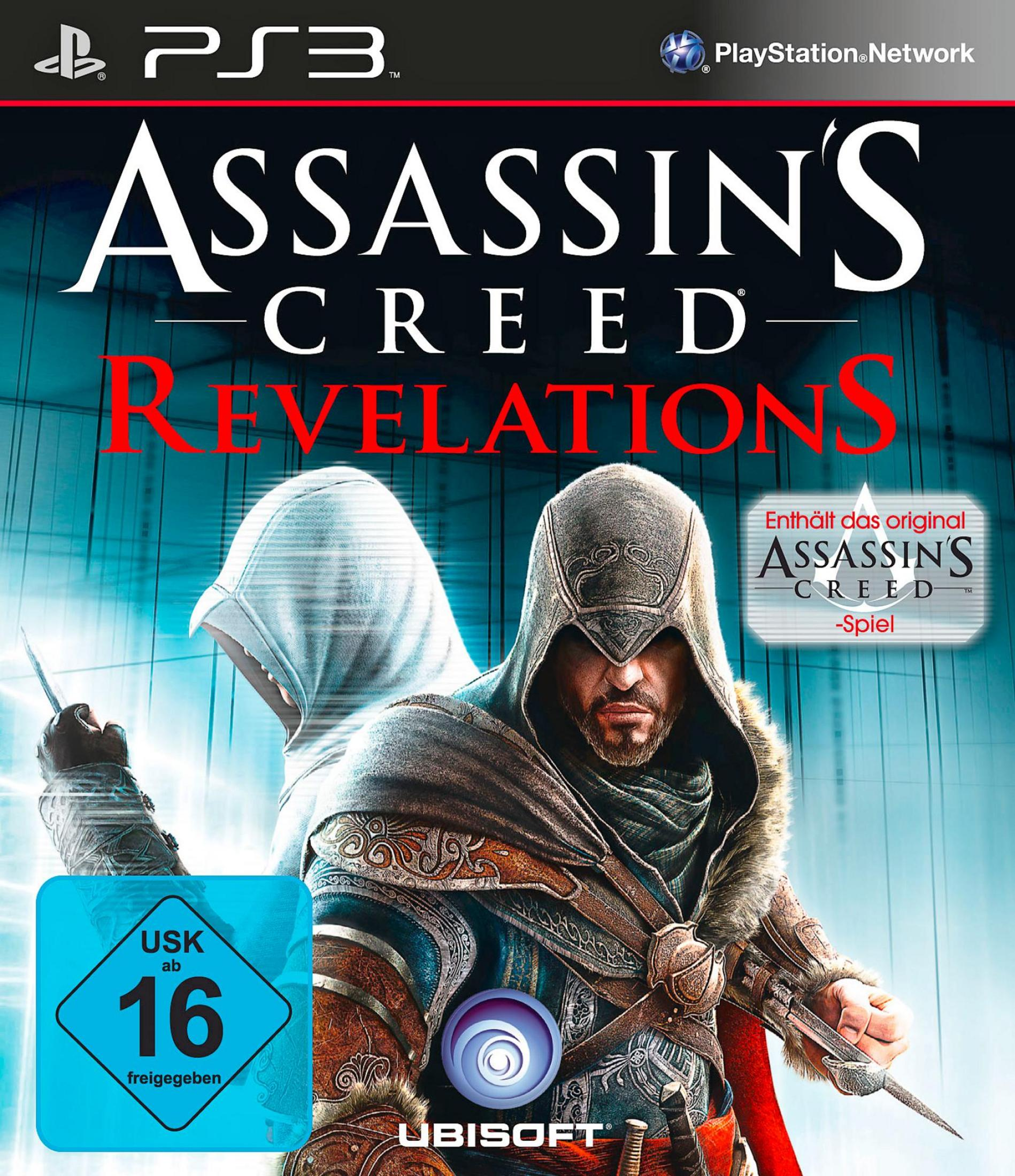 Assassin's Creed: Revelations-Spielcover mit einer Kapuzenfigur mit einer Klinge auf blauem Hintergrund.