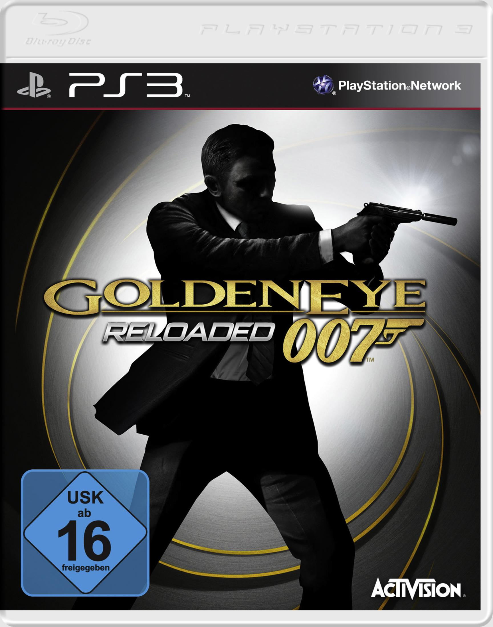 GoldenEye 007 Reloaded-Spielcover mit einem Mann im Anzug, der eine Waffe hält, auf grauem Hintergrund.