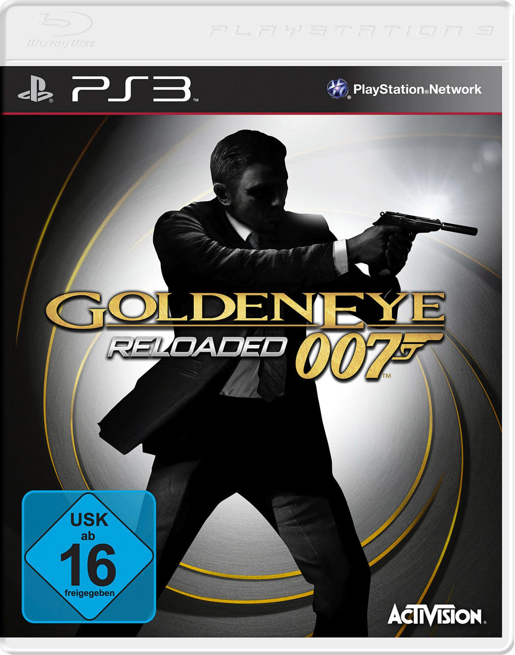 Cover des Videospiels „GoldenEye 007: Reloaded“ mit James Bond mit einer Waffe vor einem verschwommenen, goldfarbenen Hintergrund.