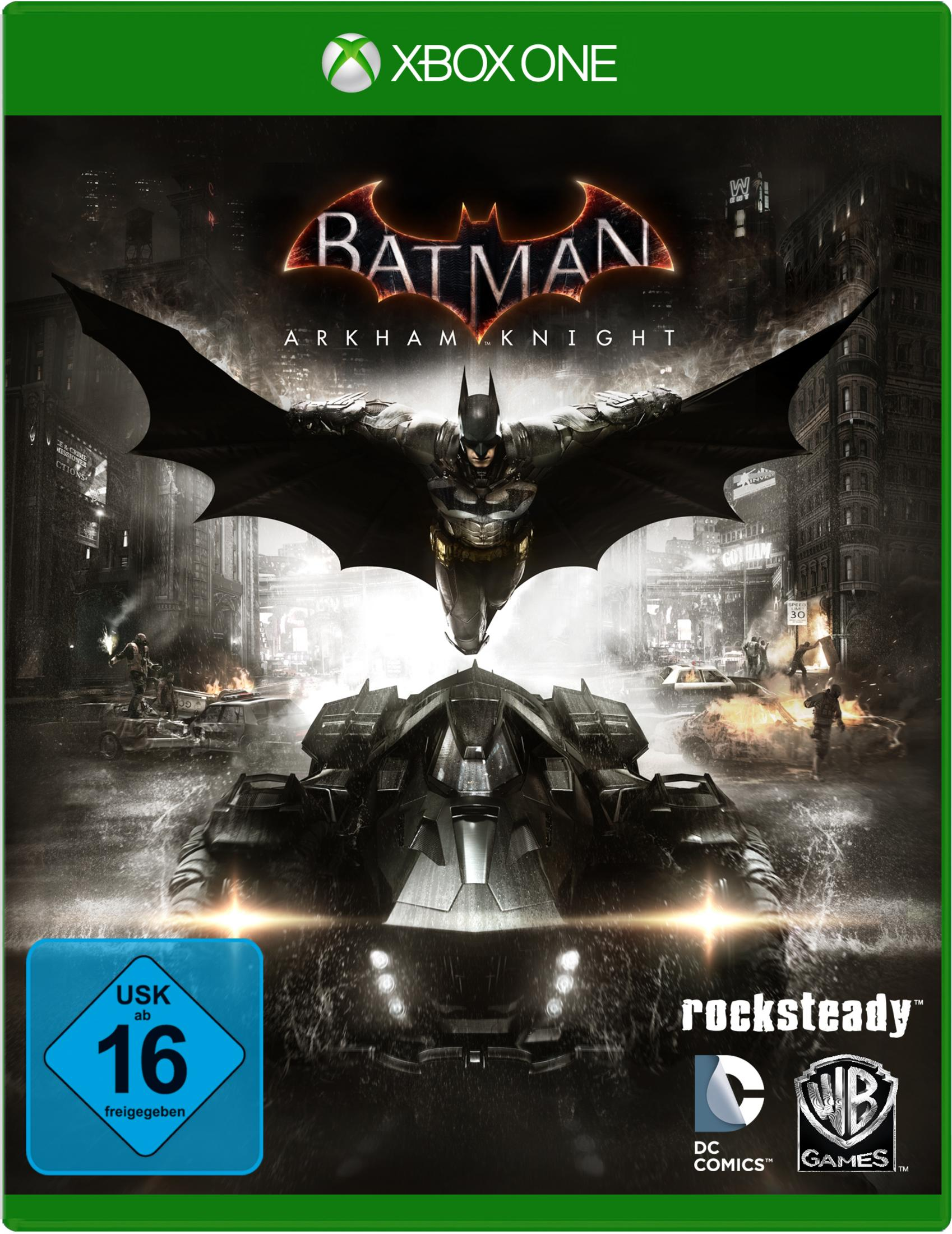 Cover des Videospiels „Batman: Arkham Knight“ mit Batman, Batmobil in einer dunklen, städtischen Umgebung mit brennenden Fahrzeugen.