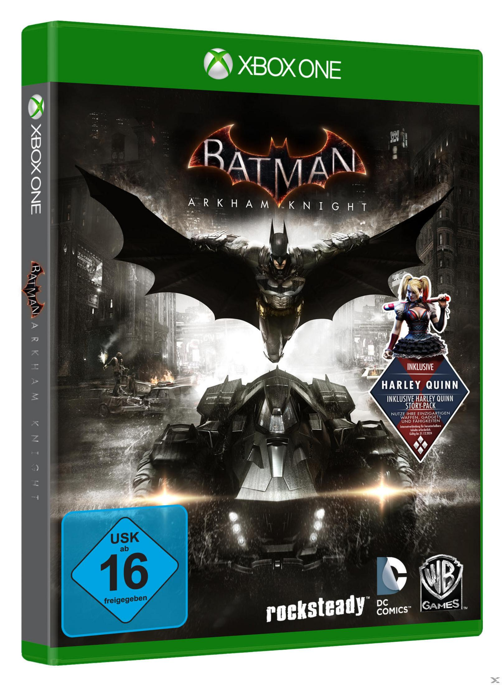 "Batman: Arkham Knight" Xbox One-Spielhülle mit Batman, Batmobil, Harley Quinn in einer dunklen Stadtszene.