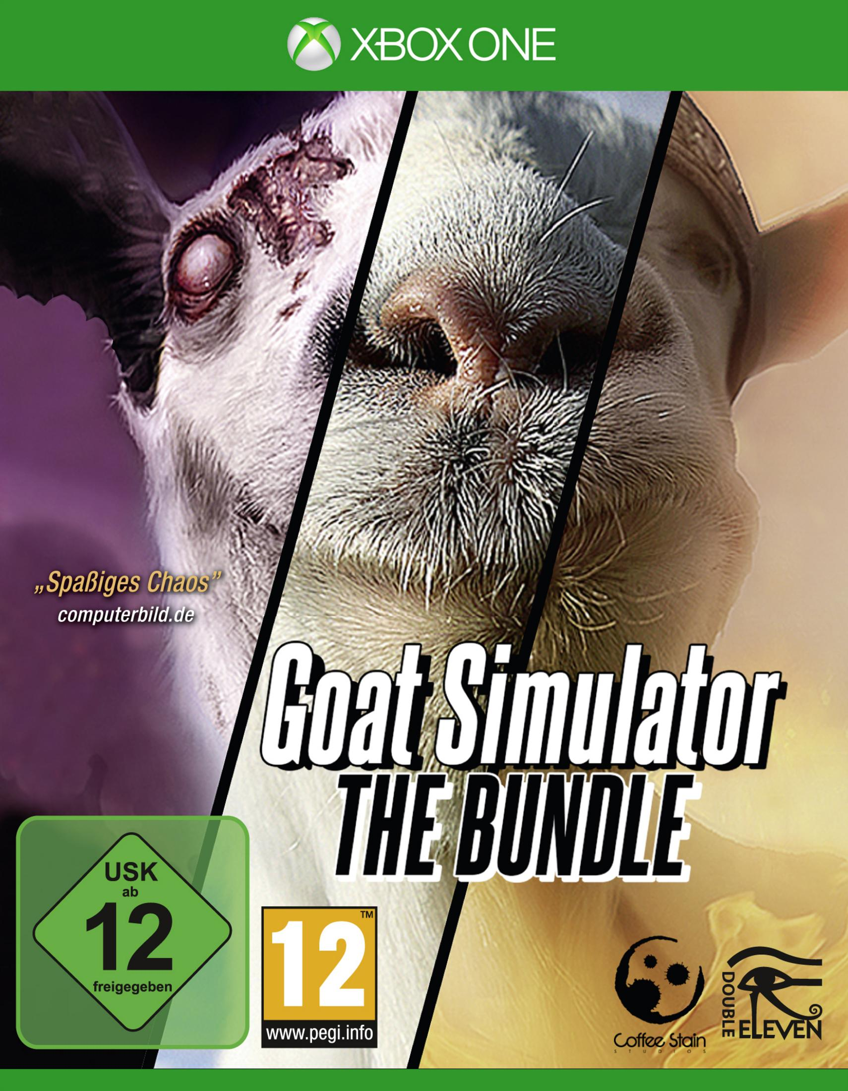 Goat Simulator: The Bundle für Xbox One mit einer Nahaufnahme des Ziegengesichts, das in zwei Hälften geteilt ist.