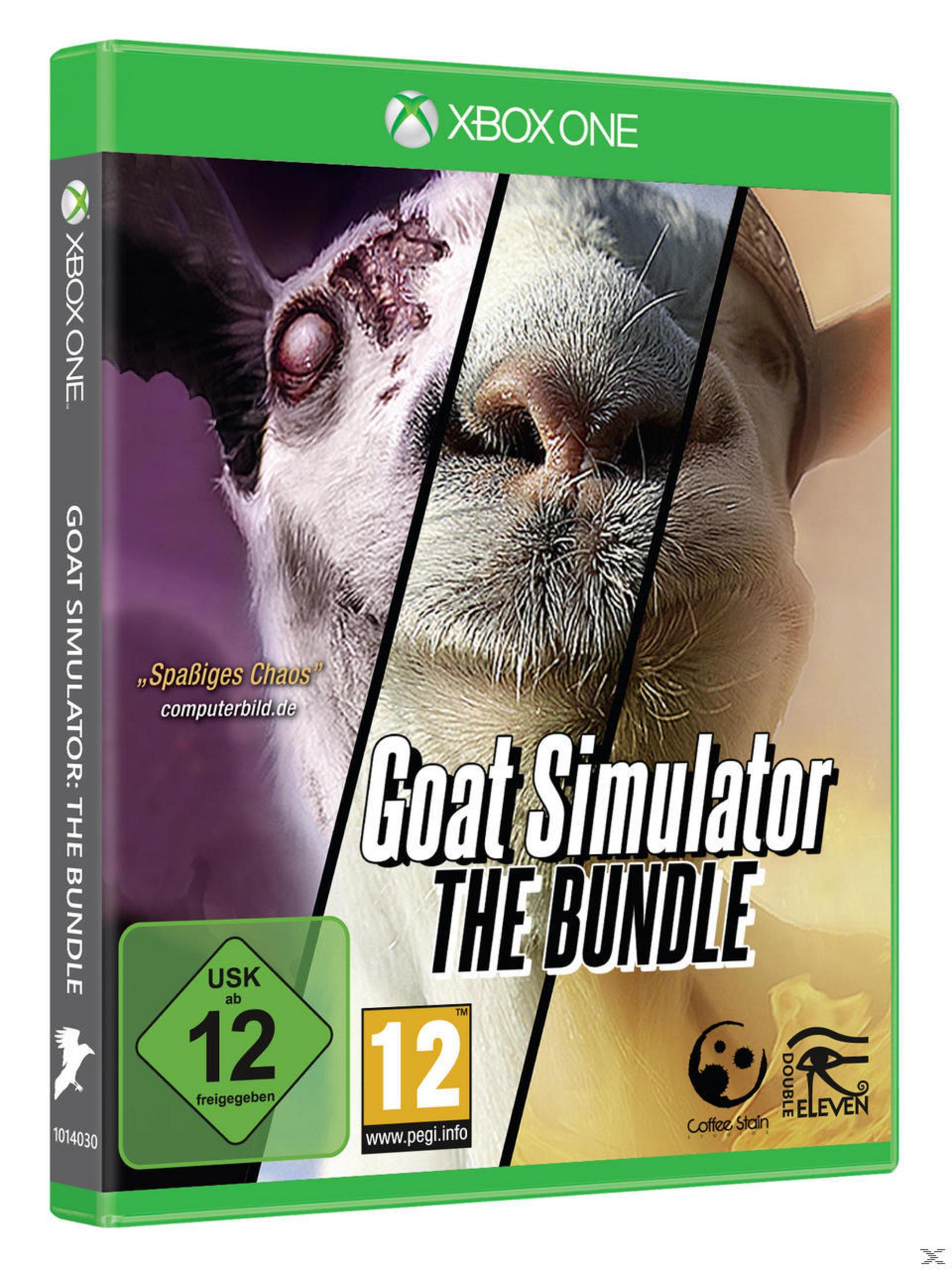 Goat Simulator: The Bundle für Xbox One mit einem Ziegengesicht, das in zwei Hälften geteilt ist, und Bewertungssymbolen.