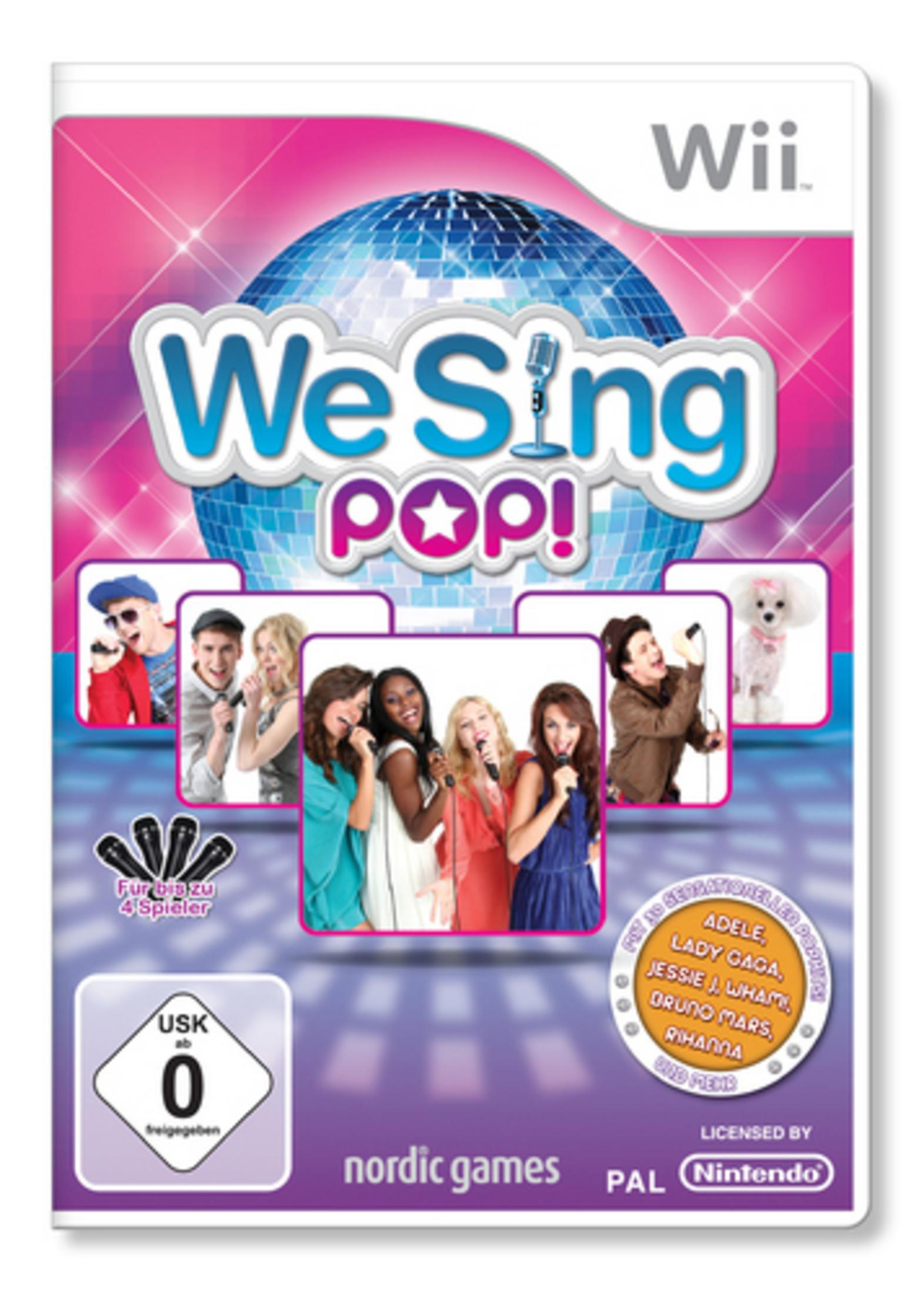 Wii-Spielcover: "We Sing Pop!" Titel, mehrere Sänger und eine Discokugel. USK-Bewertung von 0.