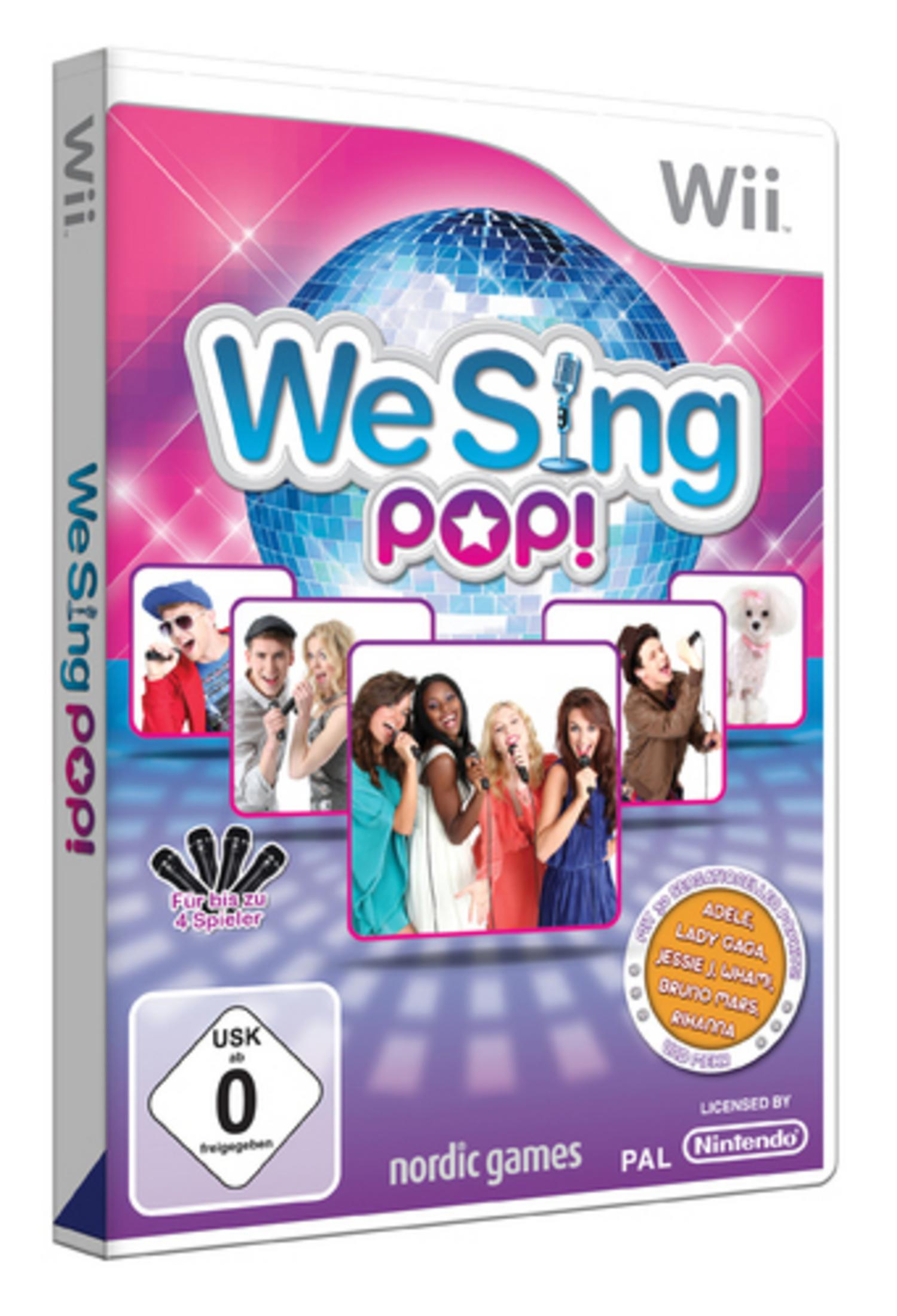 Wii-Spielcover. Titel: „We Sing Pop!“ mit mehreren Sängern, einer Discokugel und einer USK-Bewertung von 0. Wii-Logo seitlich.