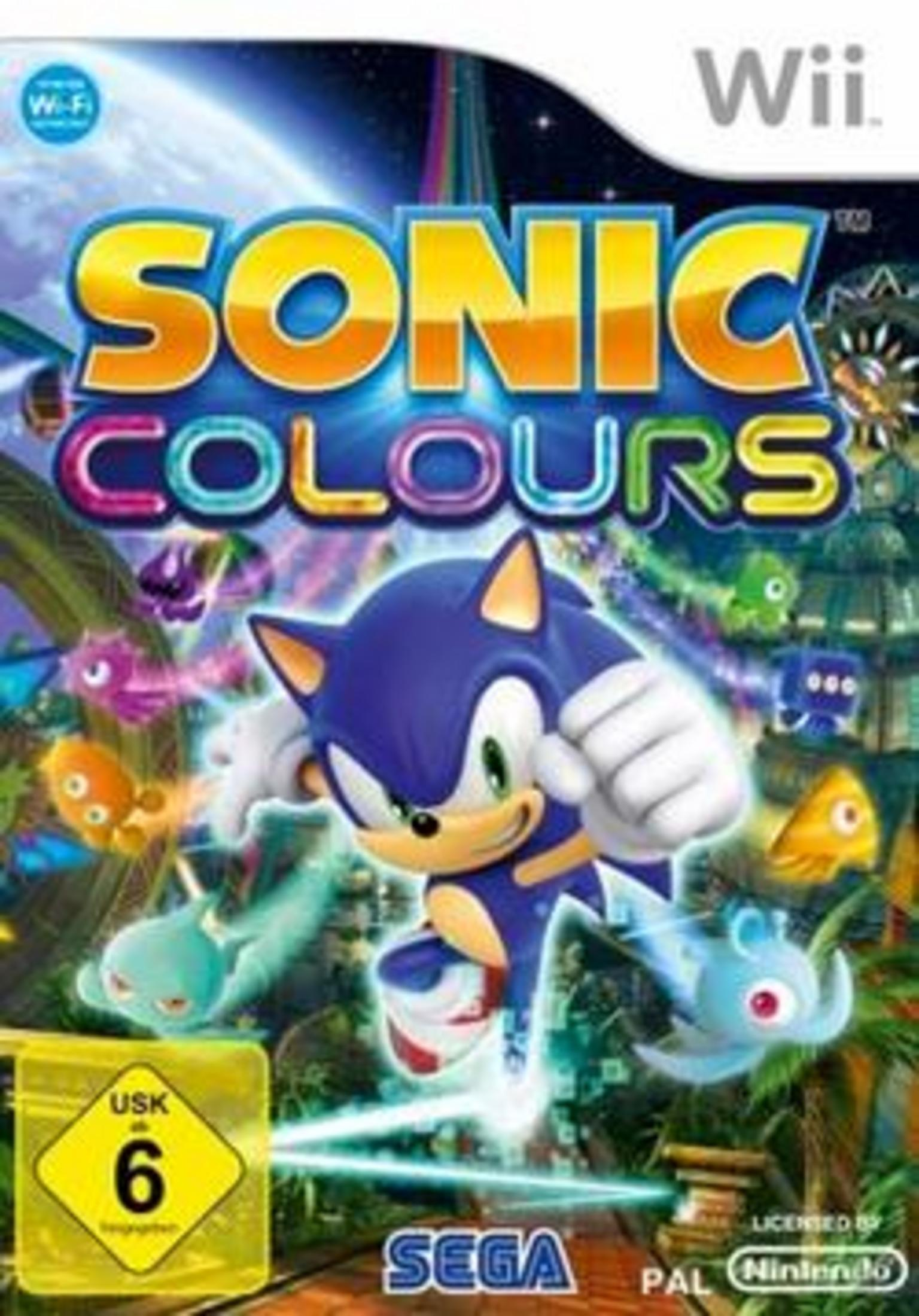 Sonic der Igel auf einem Wii-Spielcover, blauer Igel springt mit anderen Charakteren und USK 6 Bewertung.