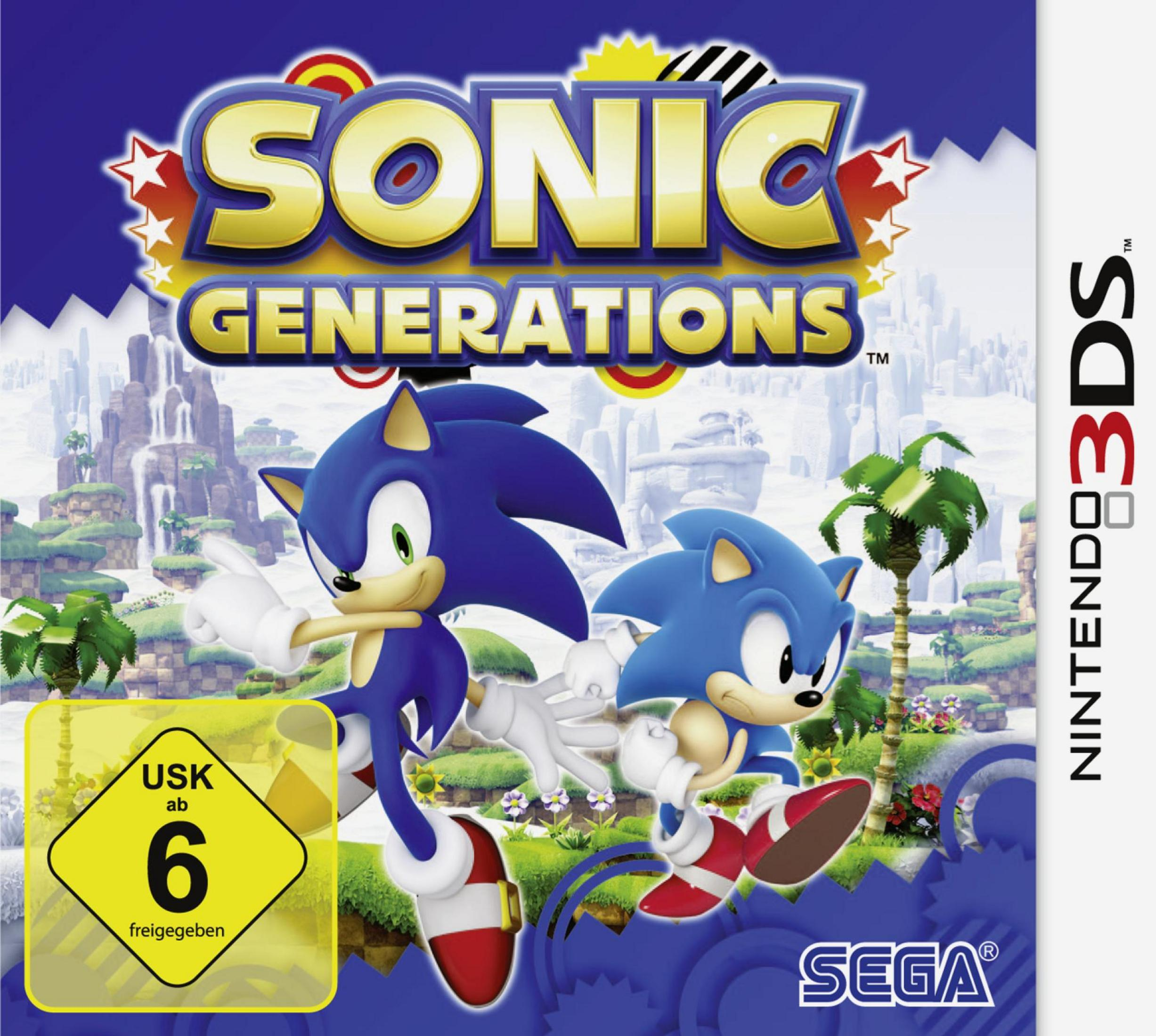 Sonic Generations 3DS-Spielcover mit zwei Versionen von Sonic beim Laufen vor einem farbenfrohen, stilisierten Hintergrund.