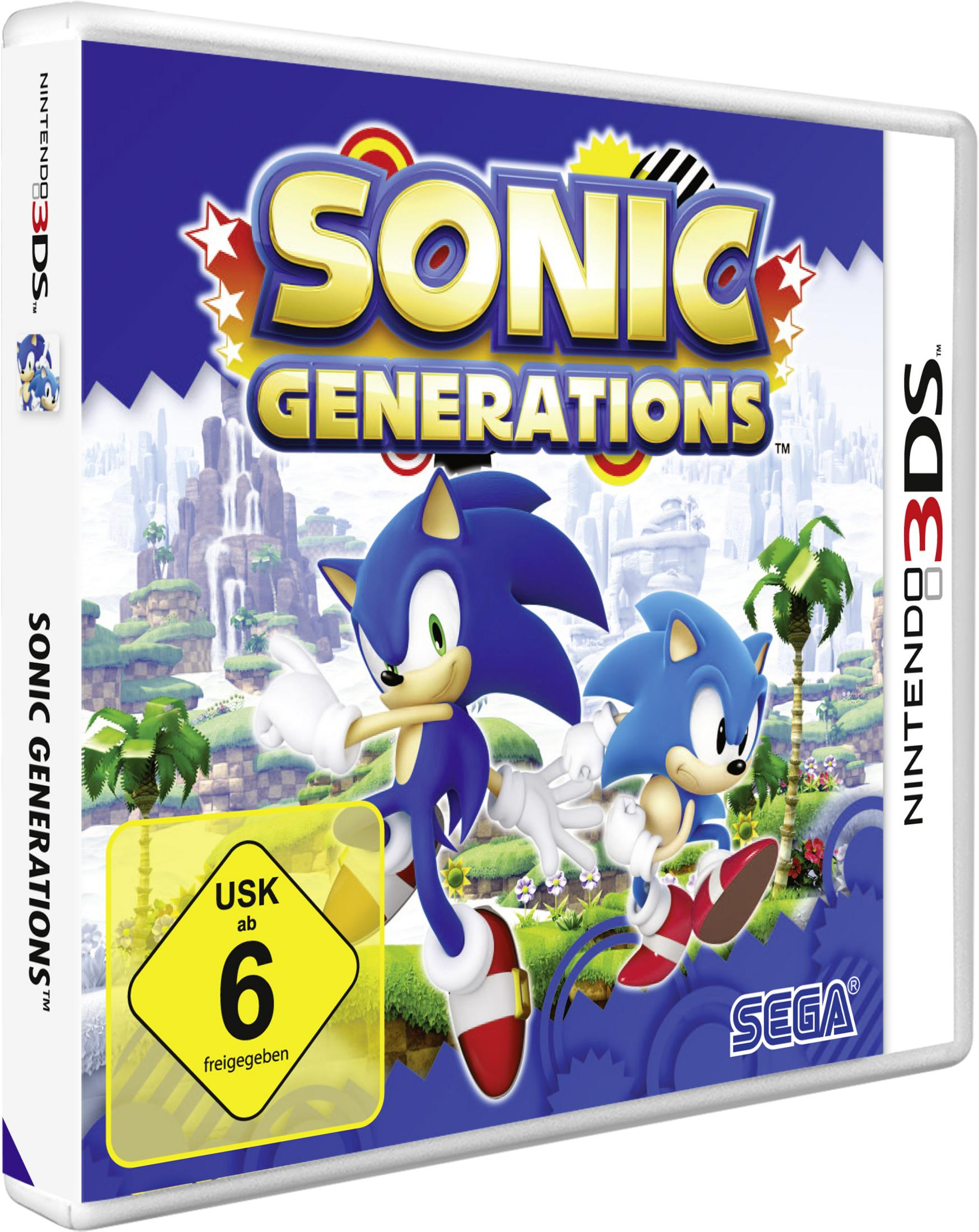 Sonic Generations 3DS-Spielcover mit zwei Versionen von Sonic beim Laufen vor einem farbenfrohen, stilisierten Hintergrund.